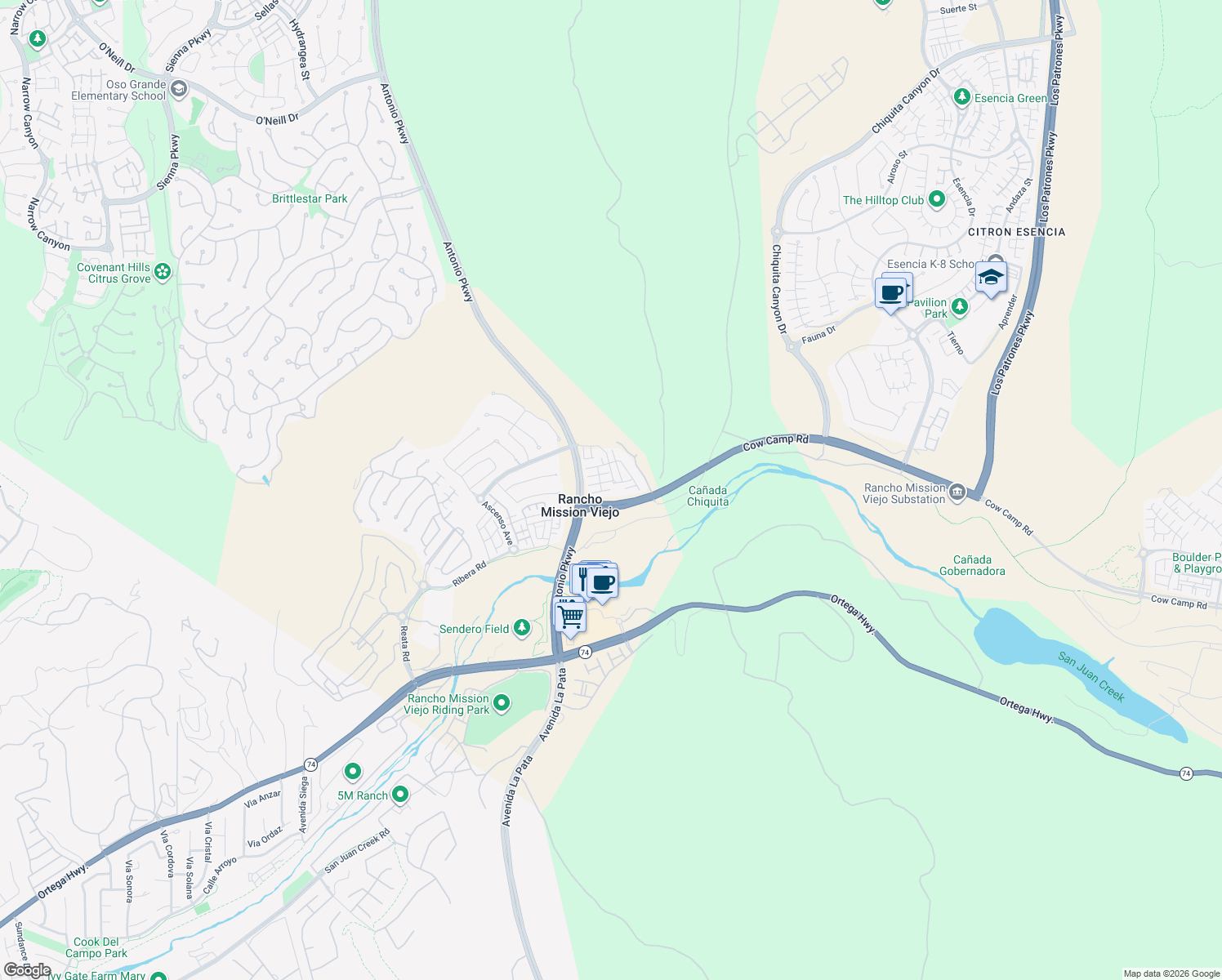map of restaurants, bars, coffee shops, grocery stores, and more near 26 Alzada Street in Ladera Ranch