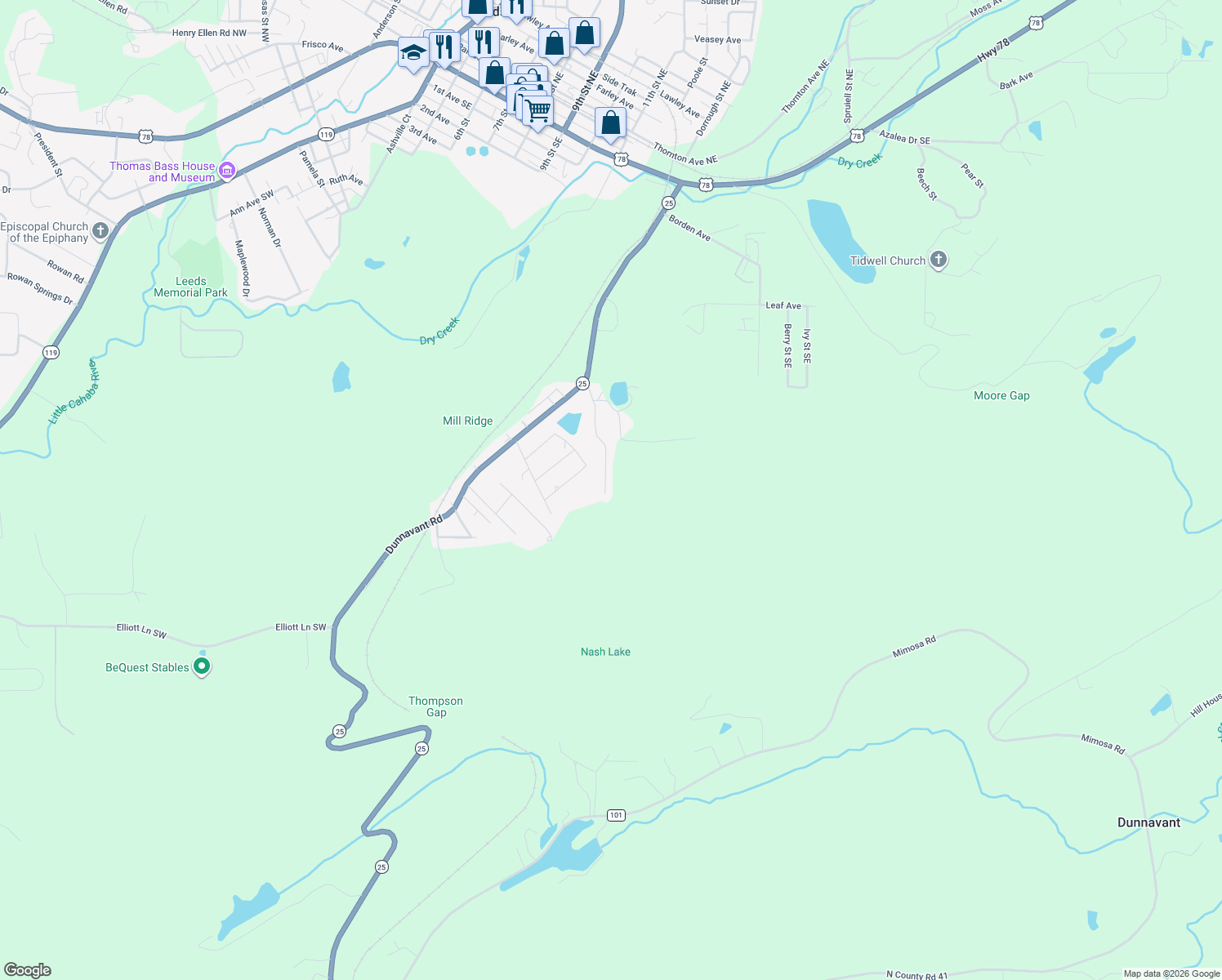 map of restaurants, bars, coffee shops, grocery stores, and more near 195 Walnut Street Southeast in Leeds