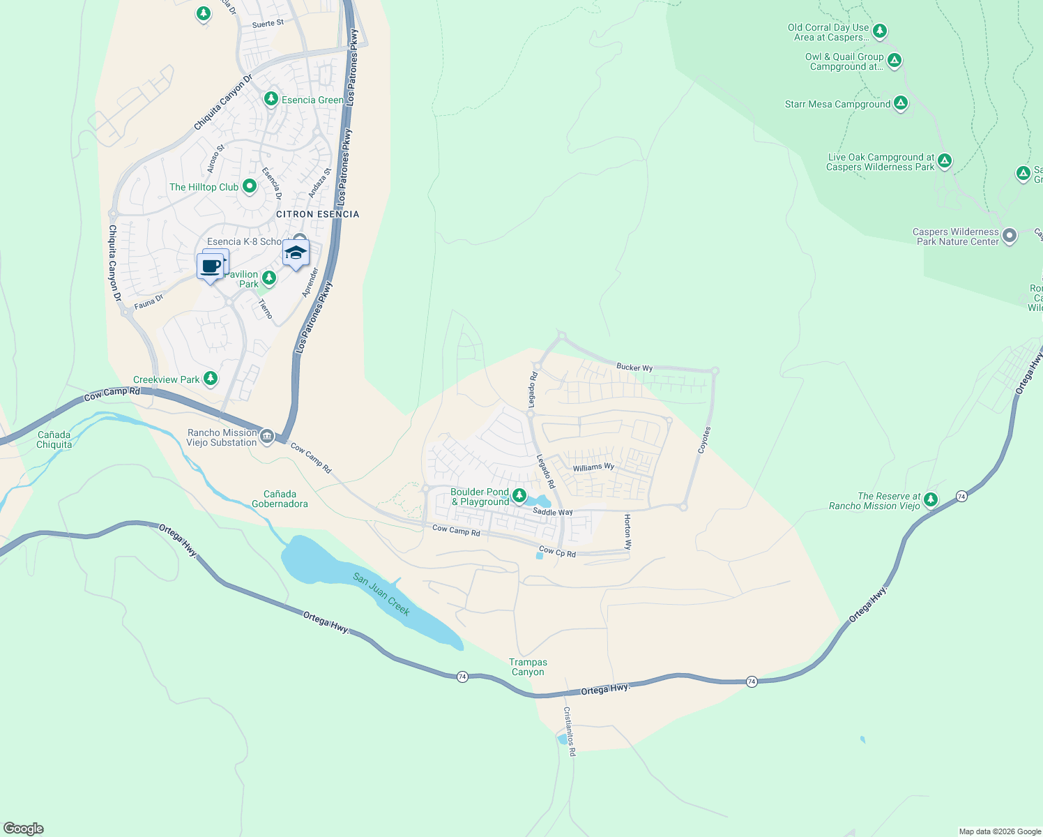map of restaurants, bars, coffee shops, grocery stores, and more near 1341 Roots Way in Mission Viejo