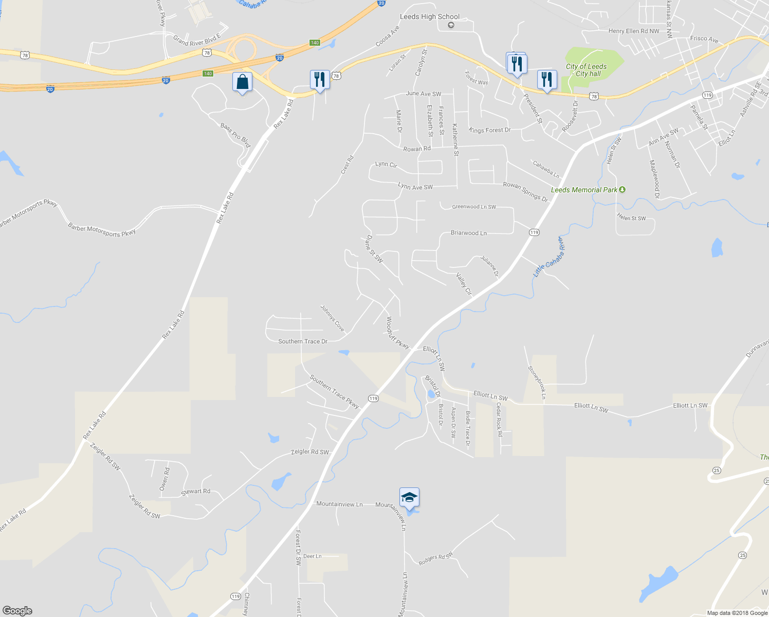 map of restaurants, bars, coffee shops, grocery stores, and more near 563 Woodruff Parkway in Leeds