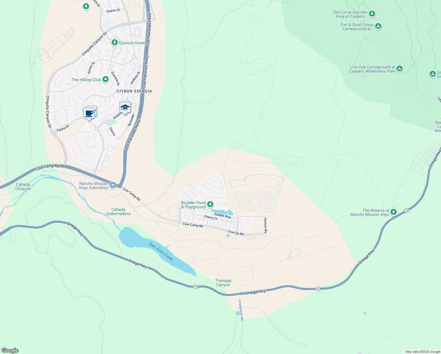 map of restaurants, bars, coffee shops, grocery stores, and more near 1341 Roots Way in Mission Viejo