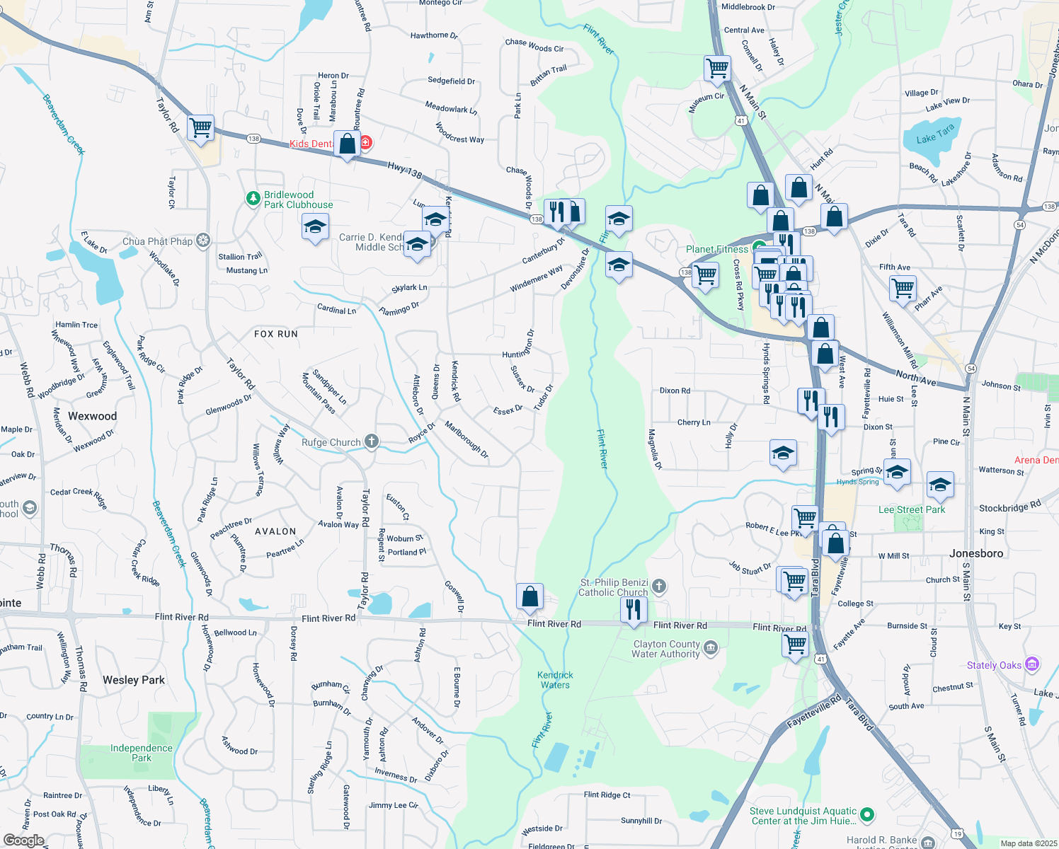 map of restaurants, bars, coffee shops, grocery stores, and more near 8289 Tudor Drive in Jonesboro