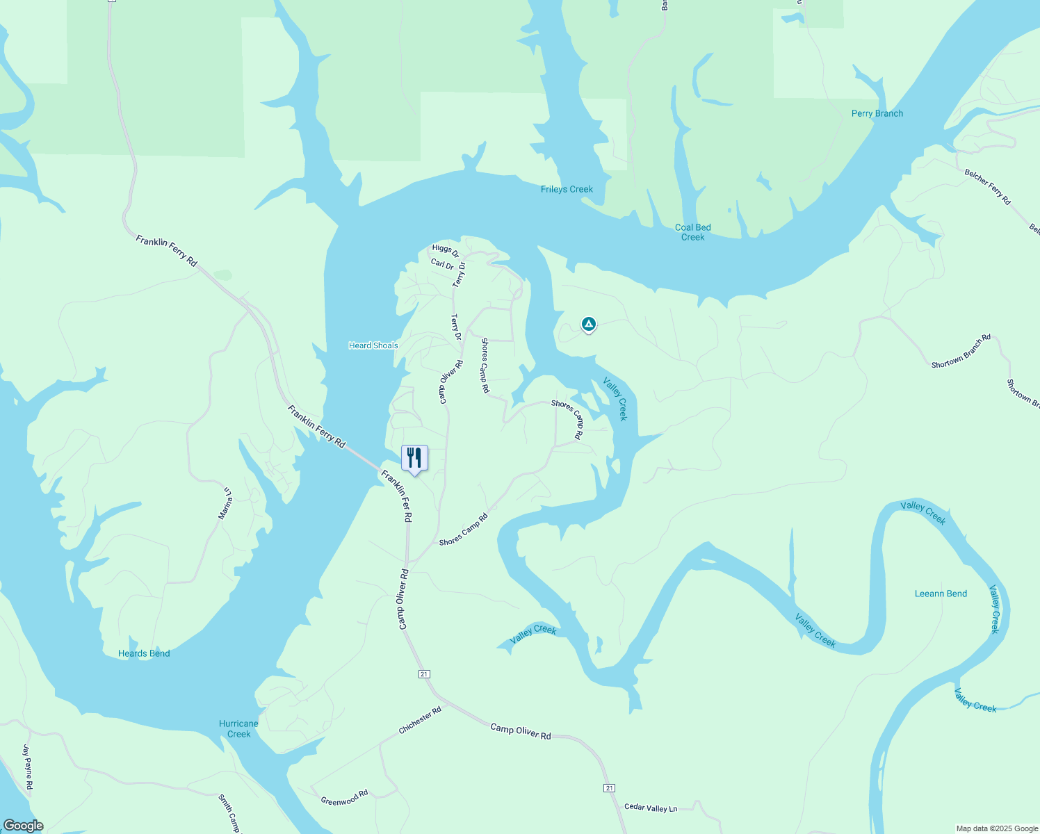 map of restaurants, bars, coffee shops, grocery stores, and more near 330 Shores Camp Road in Adger
