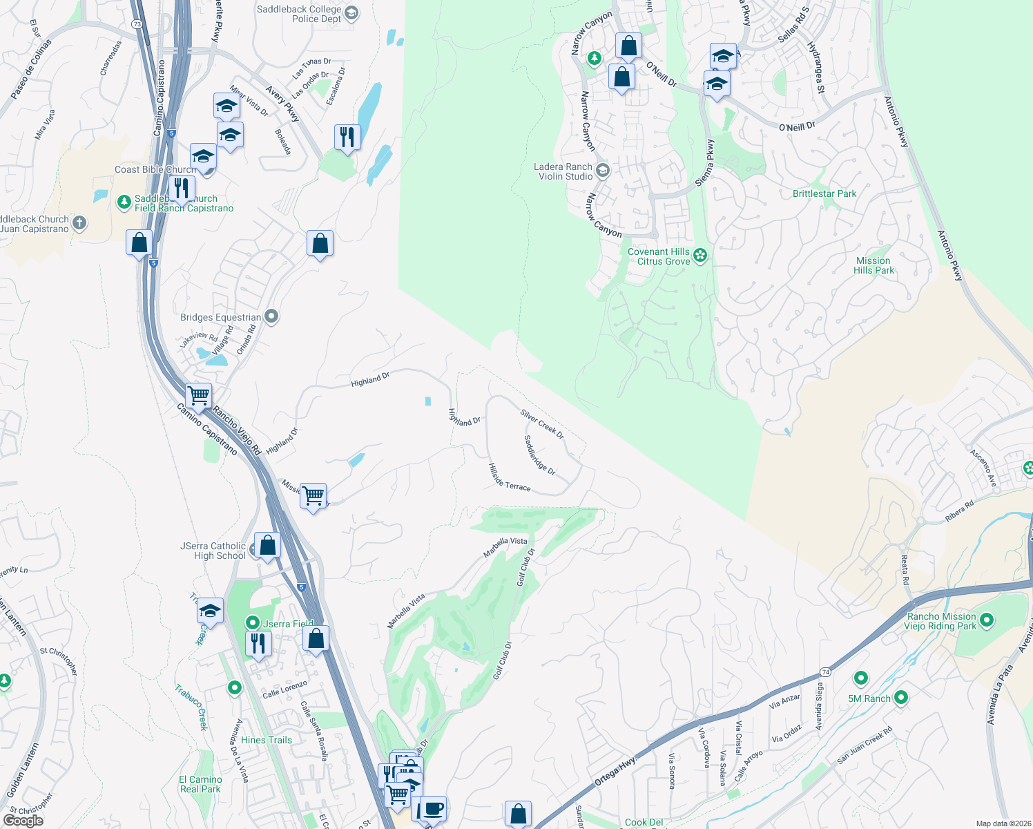 map of restaurants, bars, coffee shops, grocery stores, and more near 27422 Silver Creek Drive in San Juan Capistrano