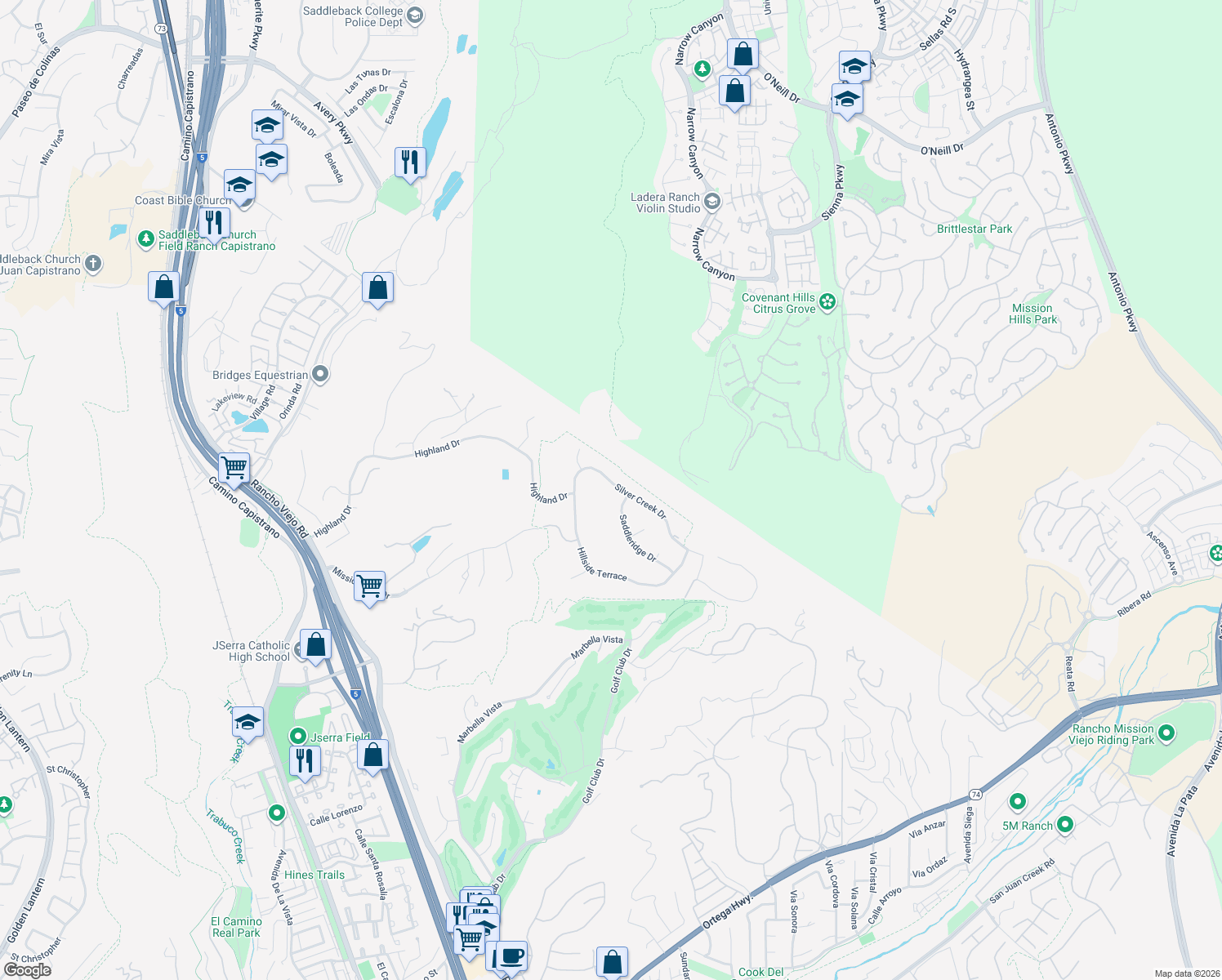map of restaurants, bars, coffee shops, grocery stores, and more near 27422 Silver Creek Drive in San Juan Capistrano