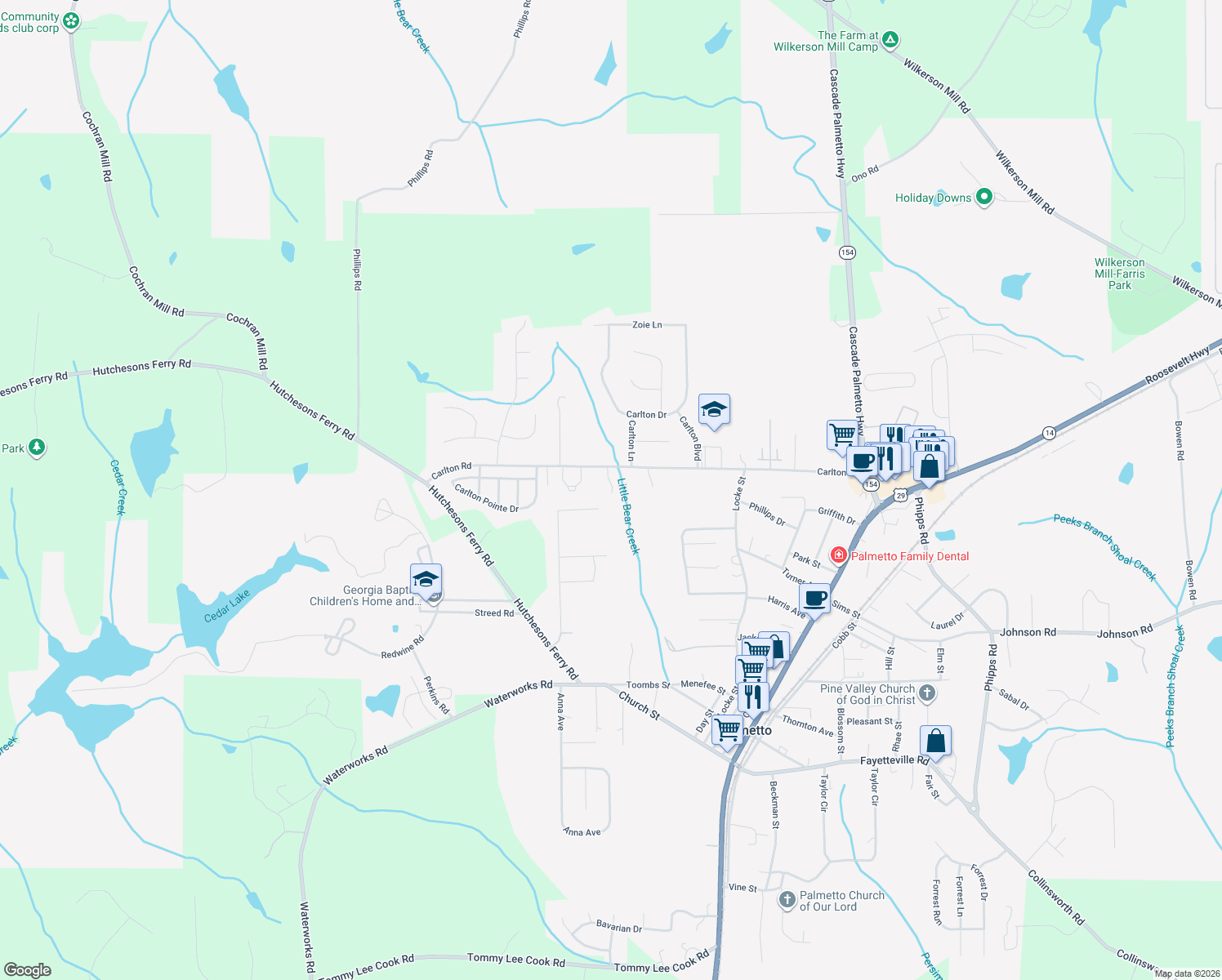map of restaurants, bars, coffee shops, grocery stores, and more near 592 Carlton Rd in Palmetto