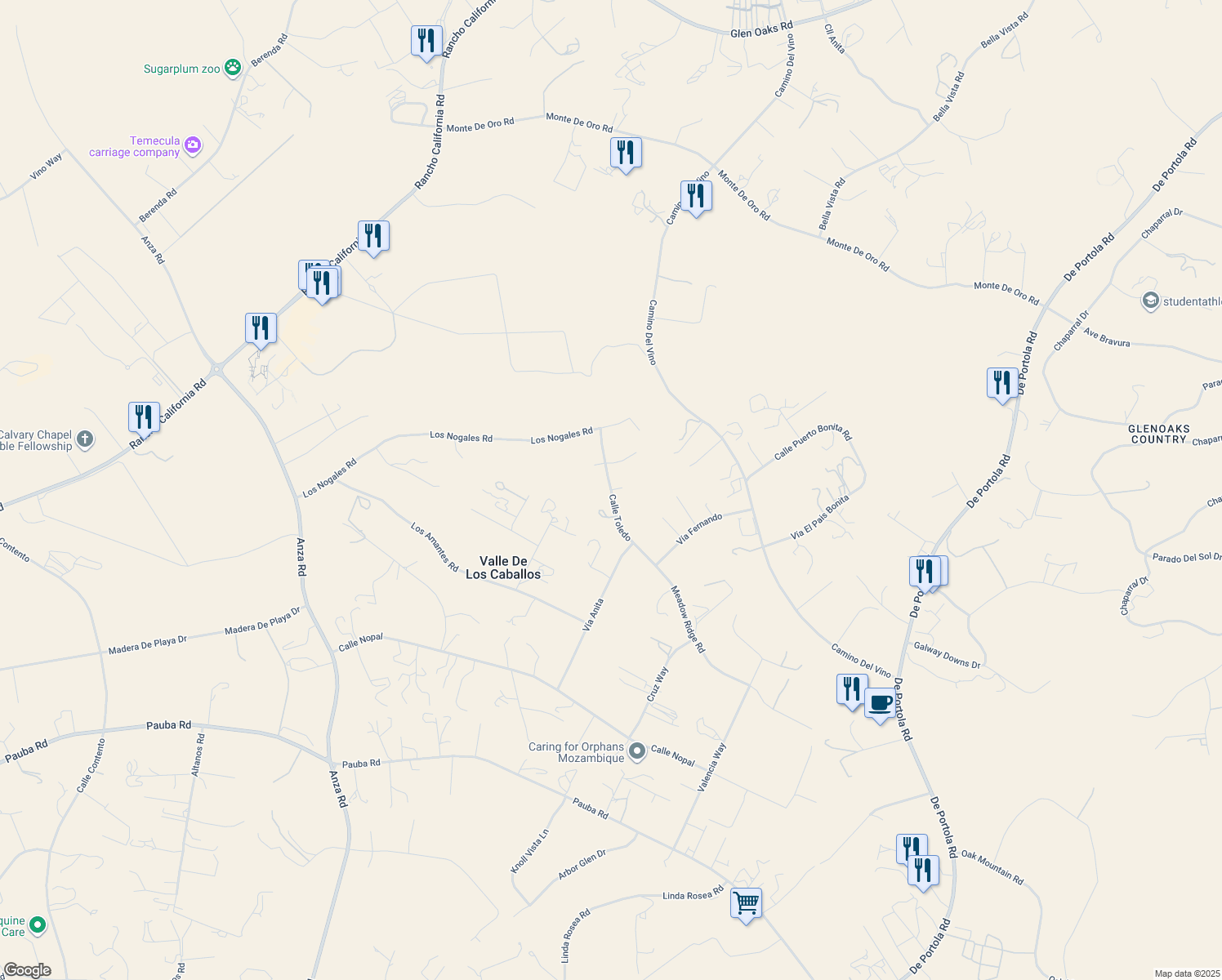 map of restaurants, bars, coffee shops, grocery stores, and more near 35572 Meadow Ridge Road in Temecula