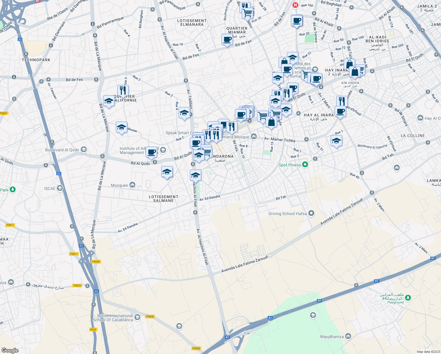 map of restaurants, bars, coffee shops, grocery stores, and more near Jnane Californie in Casablanca