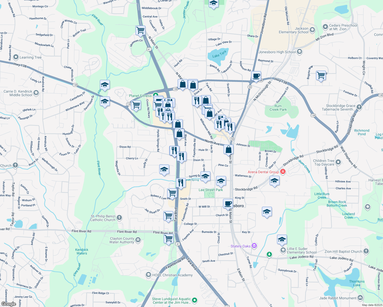 map of restaurants, bars, coffee shops, grocery stores, and more near 407 Fayetteville Road in Jonesboro