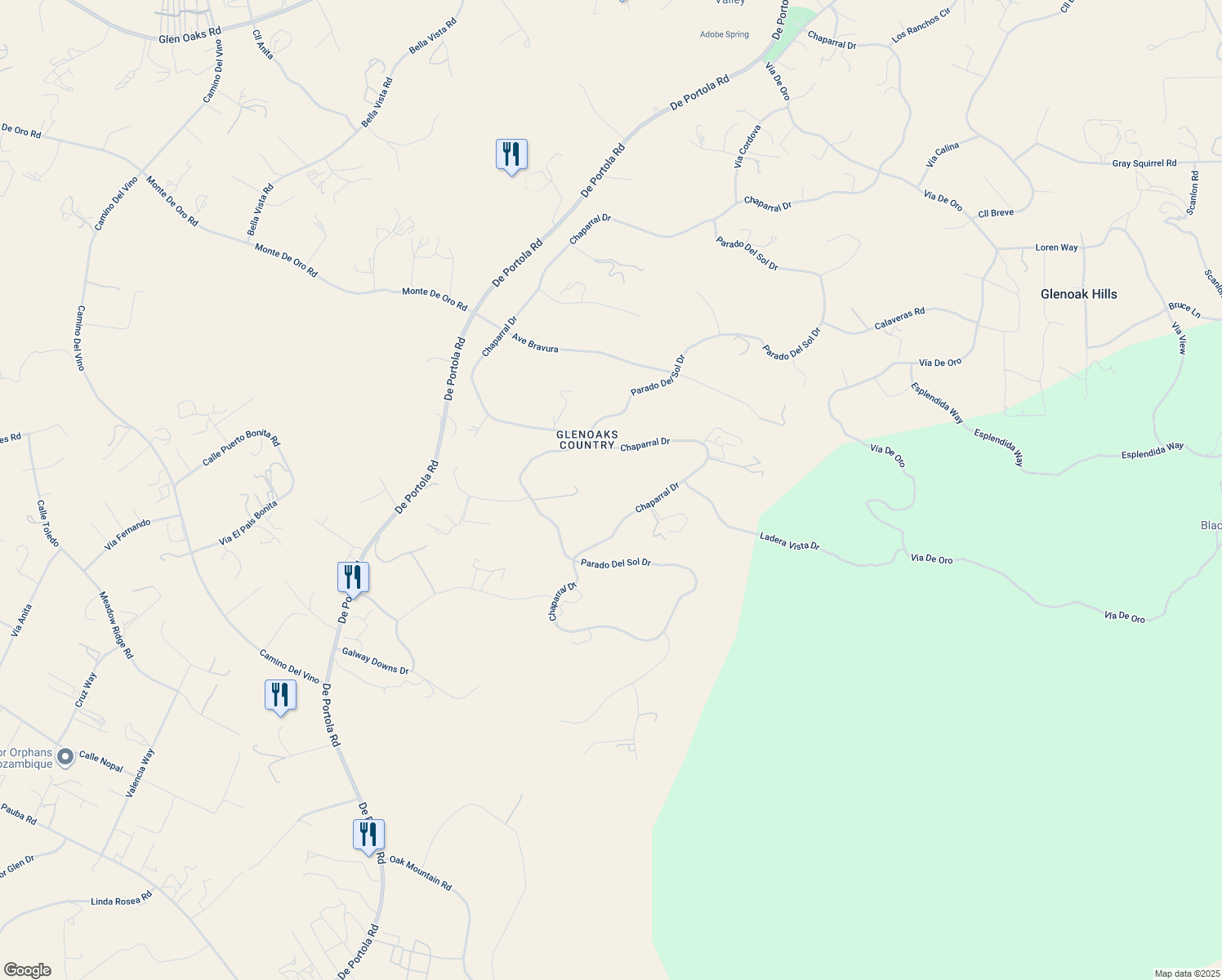 map of restaurants, bars, coffee shops, grocery stores, and more near 41785 Chaparral Drive in Temecula