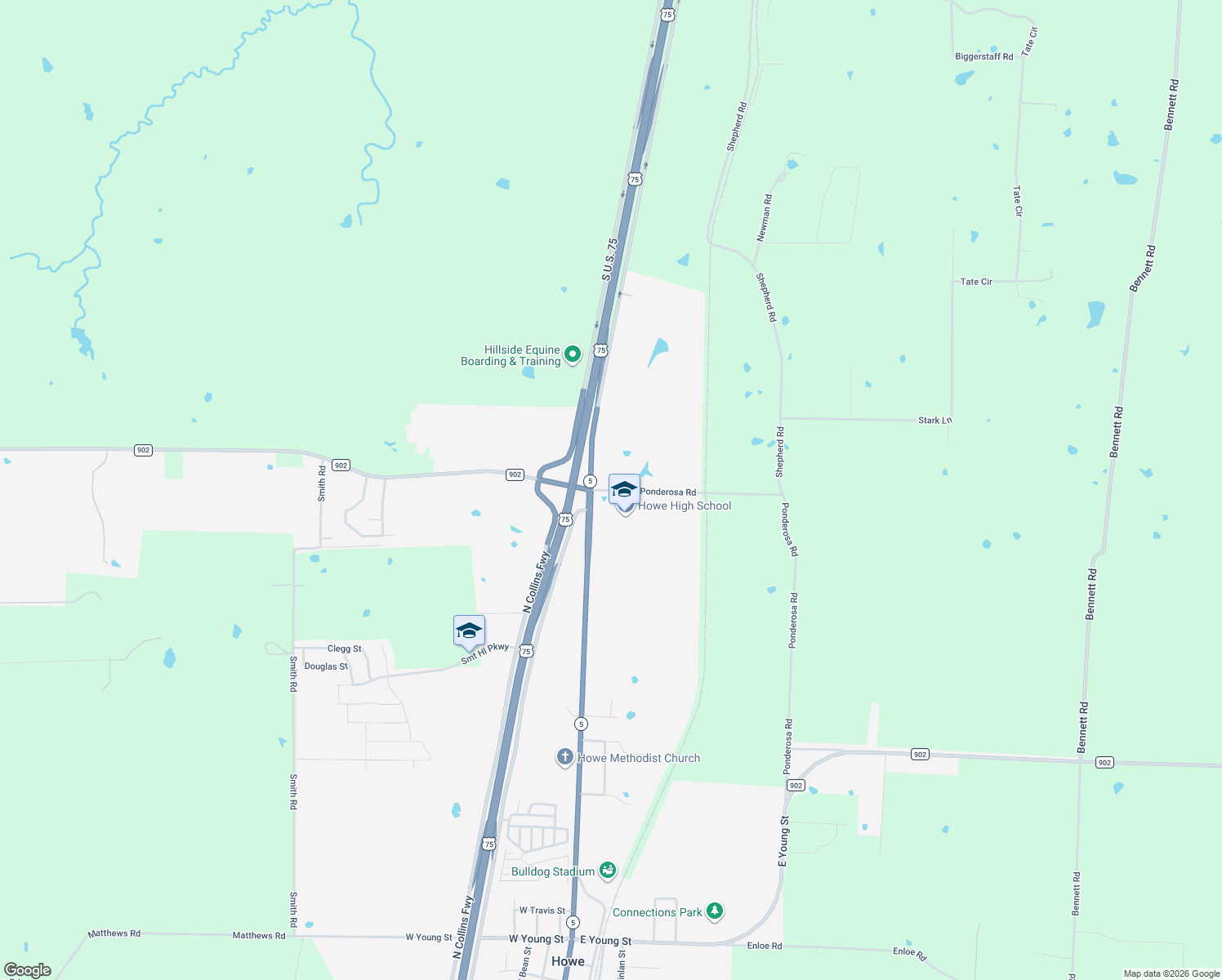map of restaurants, bars, coffee shops, grocery stores, and more near 492 Ponderosa Road in Sherman