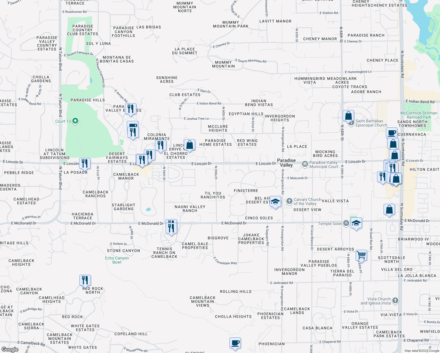 map of restaurants, bars, coffee shops, grocery stores, and more near 5929 East Lincoln Drive in Paradise Valley
