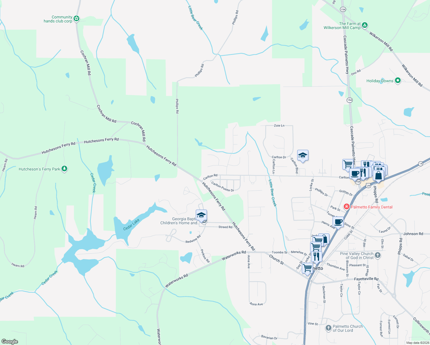 map of restaurants, bars, coffee shops, grocery stores, and more near 639 Carlton Road in Palmetto