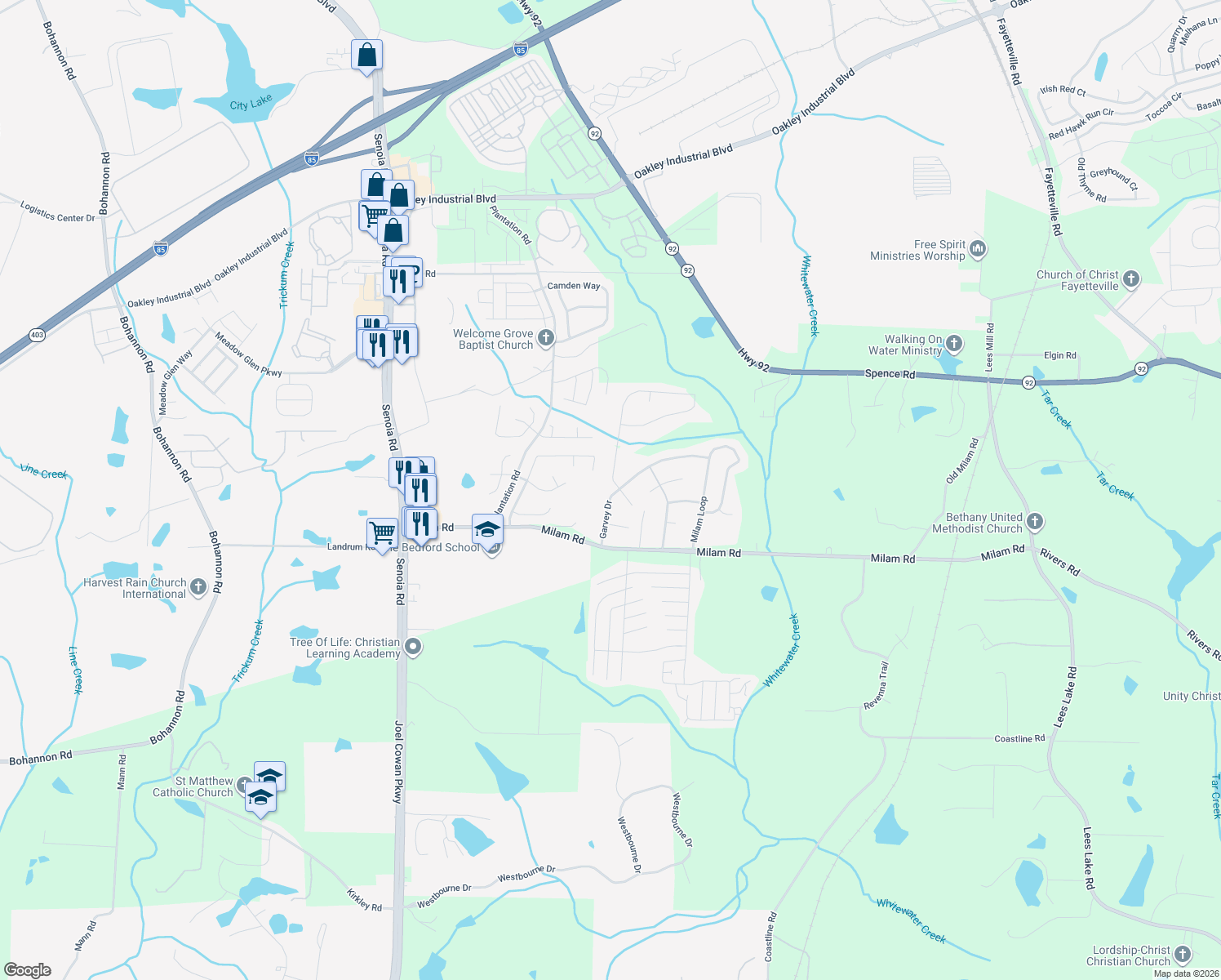 map of restaurants, bars, coffee shops, grocery stores, and more near 8545 Garvey Drive in Fairburn