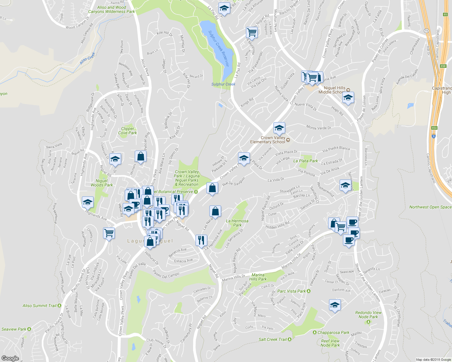 map of restaurants, bars, coffee shops, grocery stores, and more near 24381 Rue De Gauguin in Laguna Niguel