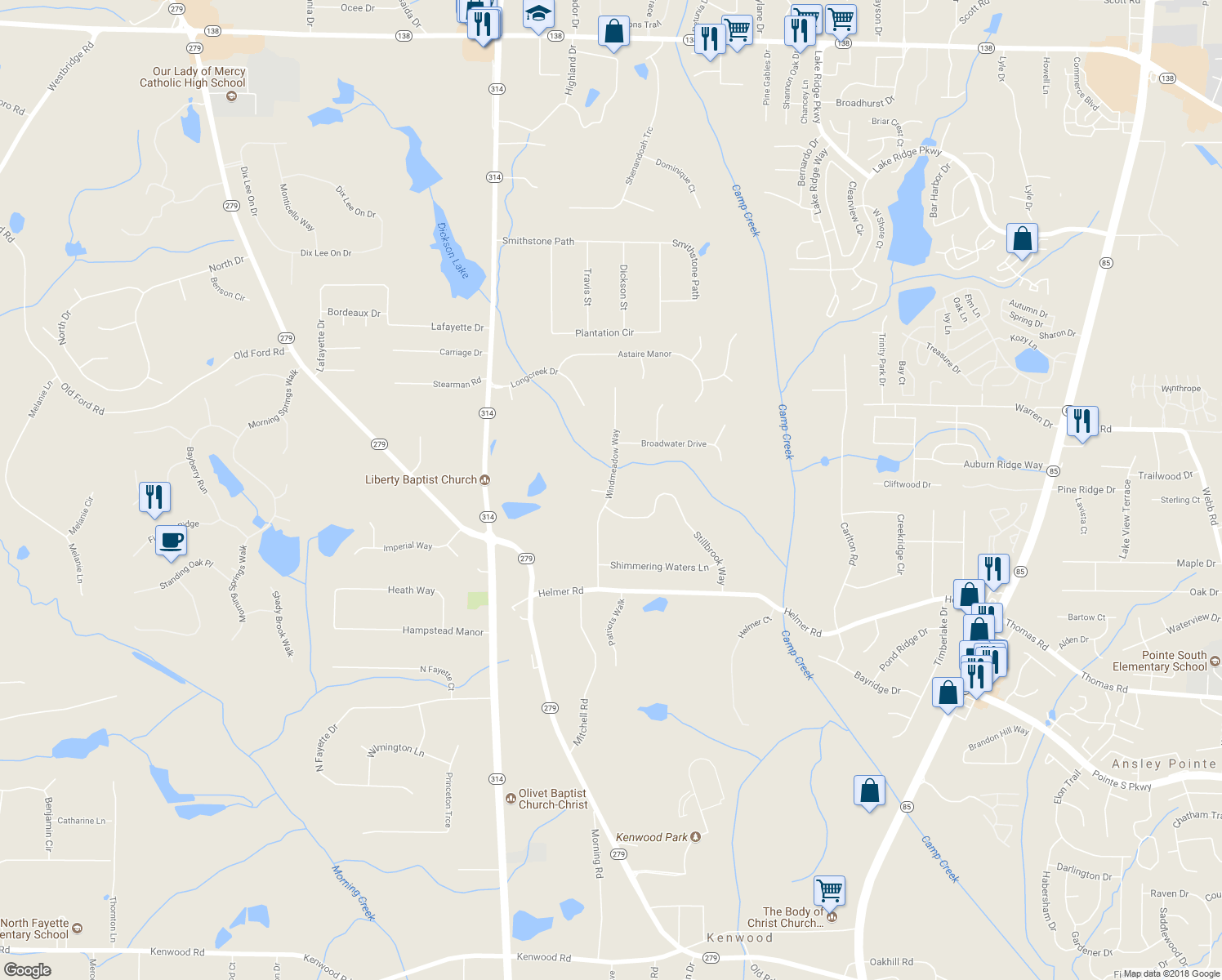 map of restaurants, bars, coffee shops, grocery stores, and more near 132 Windmeadow Way in Fayetteville