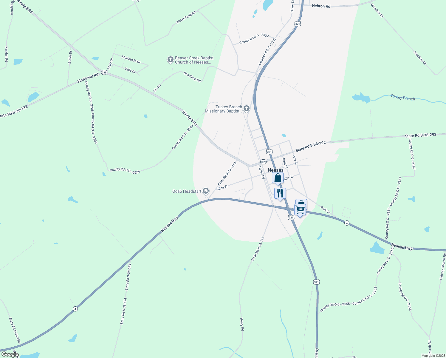 map of restaurants, bars, coffee shops, grocery stores, and more near State Road S-38-1164 in Neeses