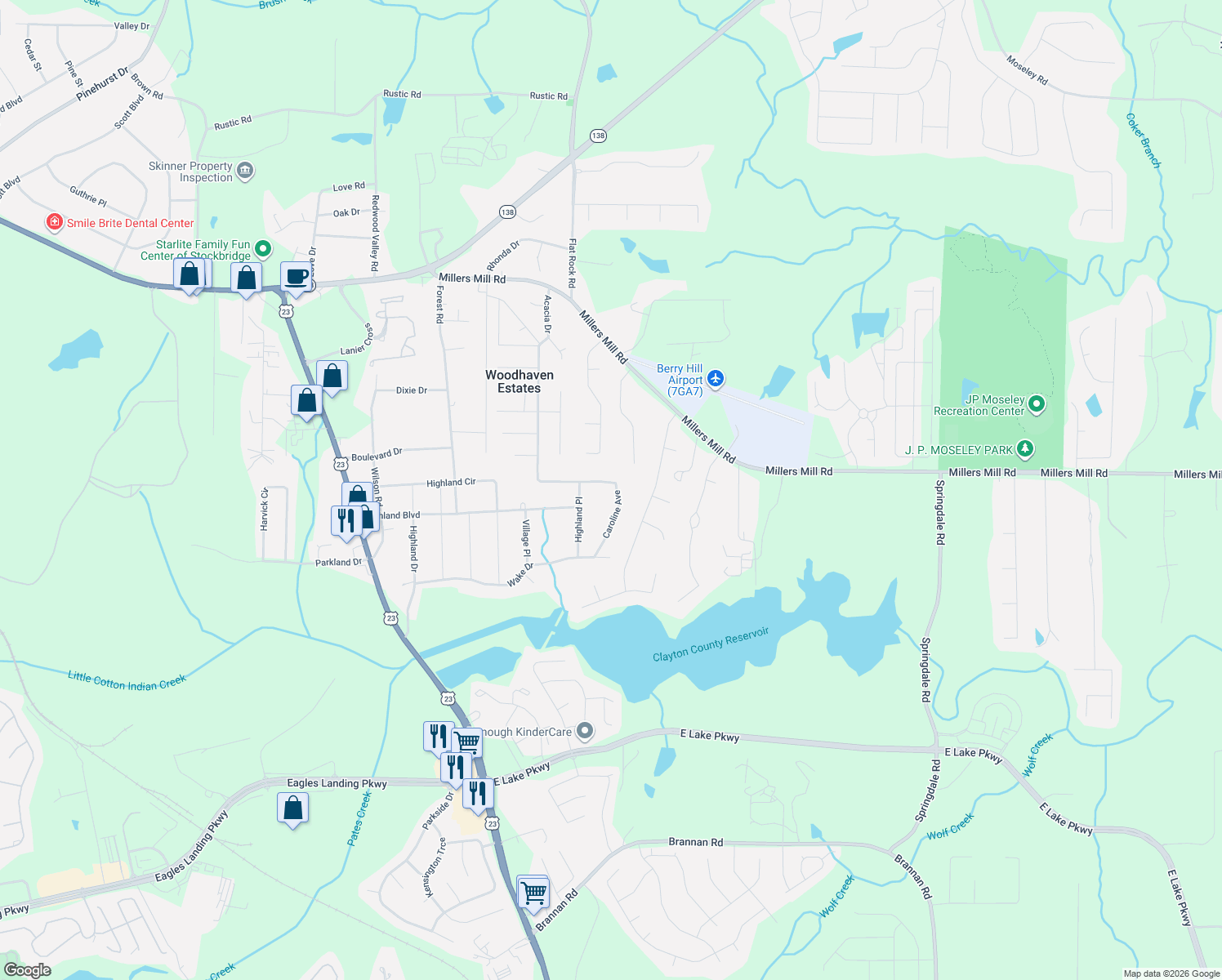 map of restaurants, bars, coffee shops, grocery stores, and more near 457 Acacia Drive in Stockbridge