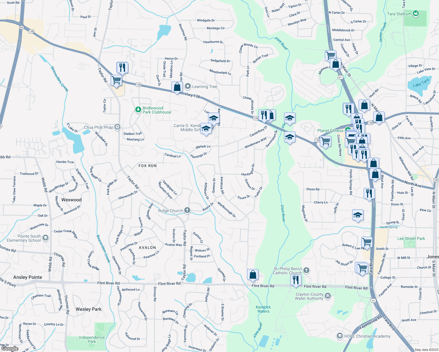 map of restaurants, bars, coffee shops, grocery stores, and more near 8169 Kendrick Rd in Jonesboro