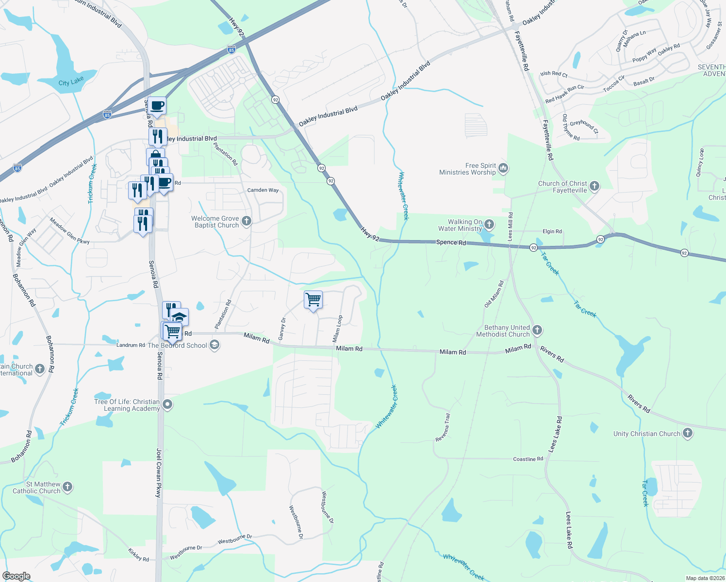 map of restaurants, bars, coffee shops, grocery stores, and more near 8287 Milam Loop in Fairburn