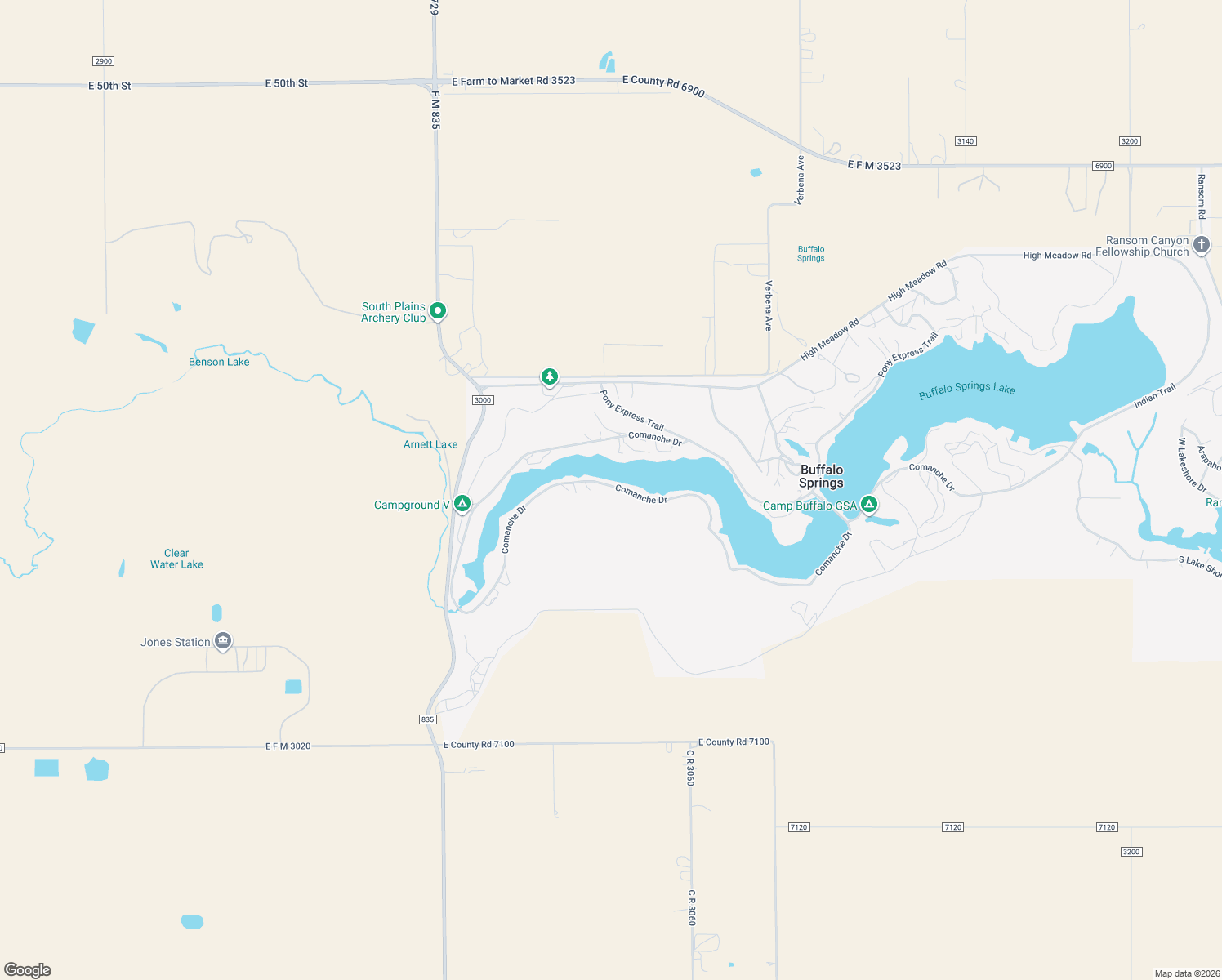 map of restaurants, bars, coffee shops, grocery stores, and more near 555 Comanche Drive in Buffalo Springs