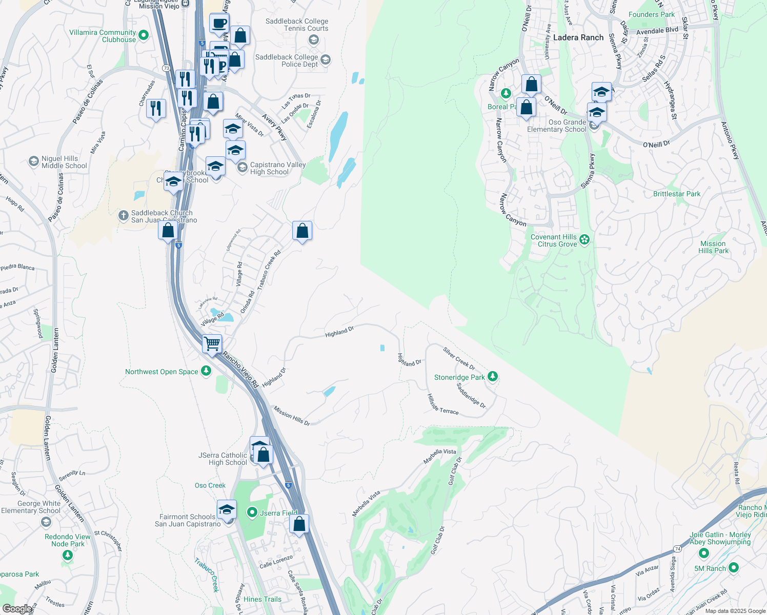 map of restaurants, bars, coffee shops, grocery stores, and more near 27072 Vista Pointe North in San Juan Capistrano