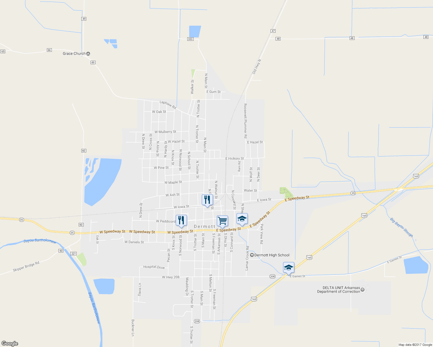 map of restaurants, bars, coffee shops, grocery stores, and more near 499 North Walnut Street in Dermott