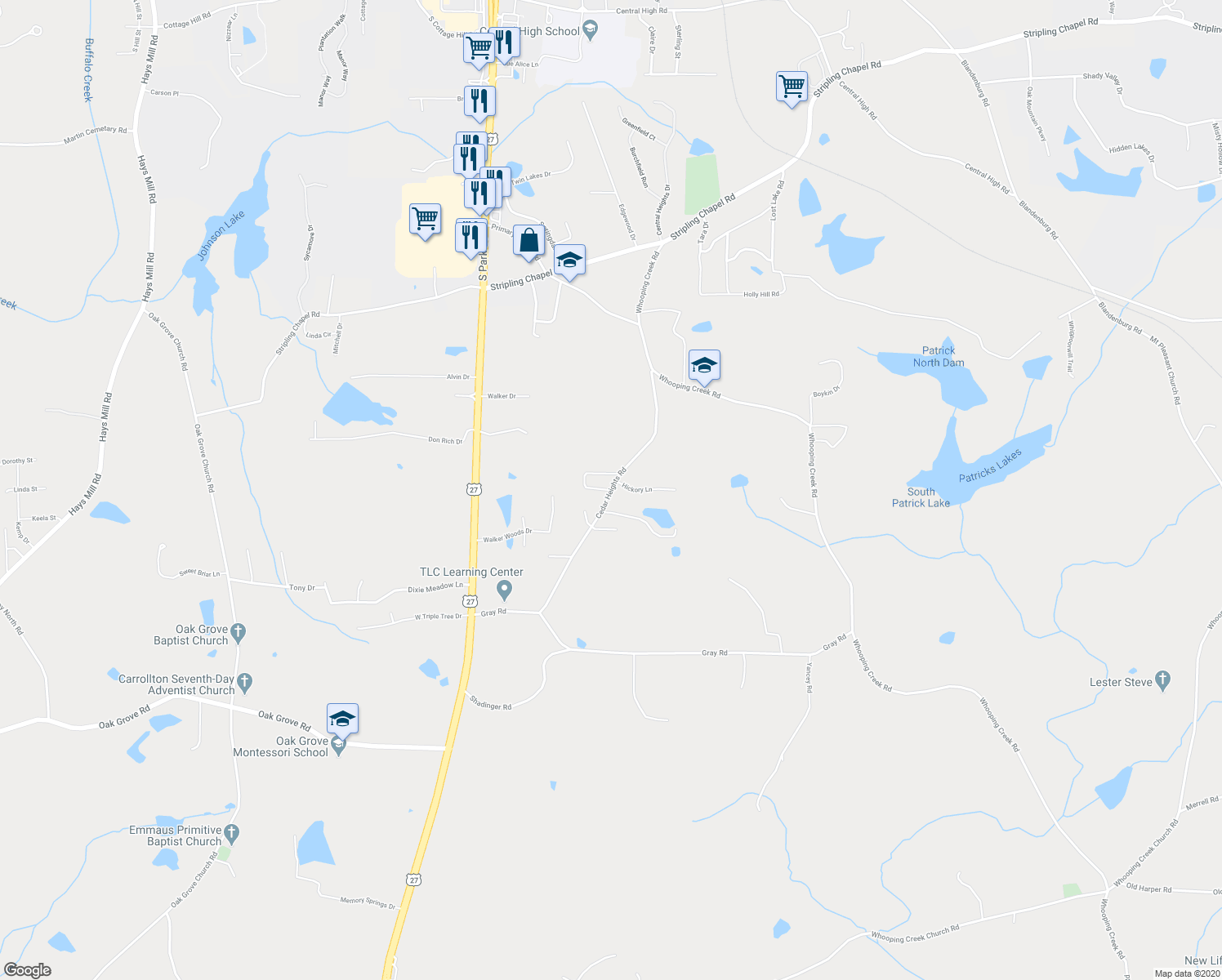 map of restaurants, bars, coffee shops, grocery stores, and more near Cedar Heights Road in Carrollton