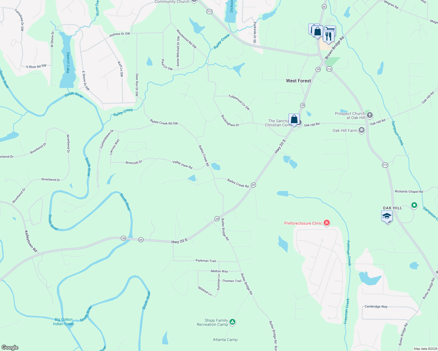 map of restaurants, bars, coffee shops, grocery stores, and more near 2006 Bailey Creek Road in Covington