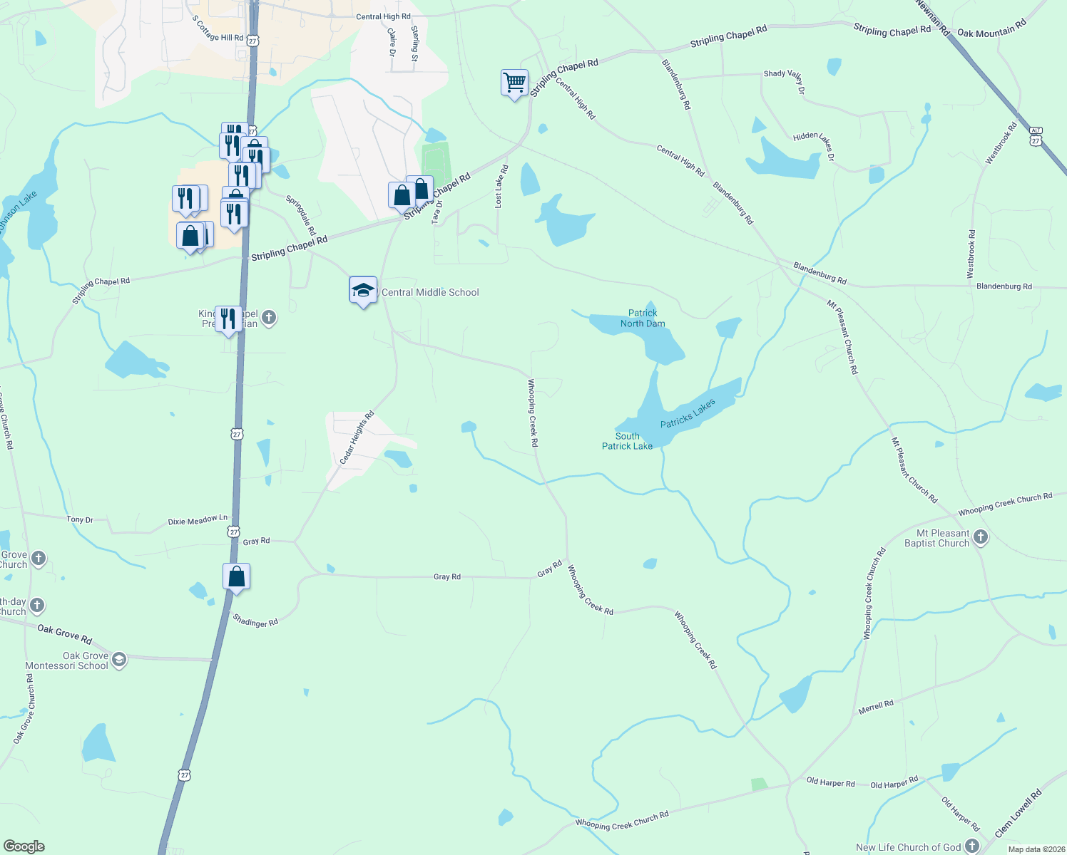 map of restaurants, bars, coffee shops, grocery stores, and more near 587 Whooping Creek Rd in Carrollton