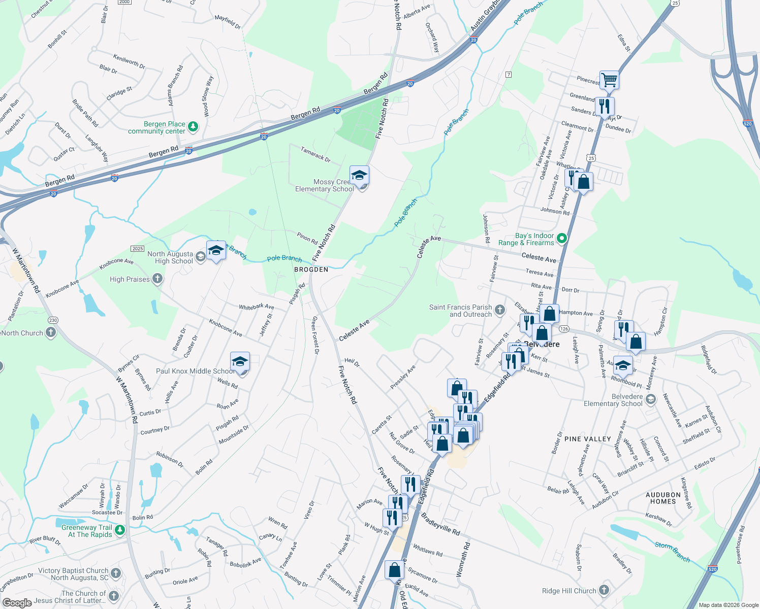 map of restaurants, bars, coffee shops, grocery stores, and more near 640 Celeste Avenue in North Augusta