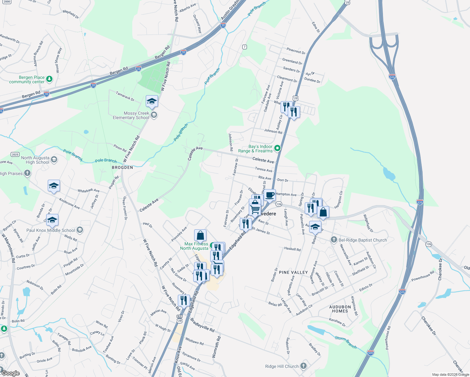 map of restaurants, bars, coffee shops, grocery stores, and more near 221 Fairview Street in North Augusta