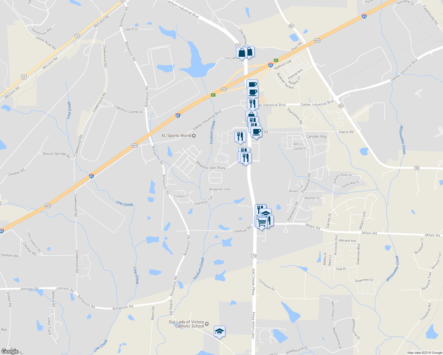 map of restaurants, bars, coffee shops, grocery stores, and more near 1040 Meadow Glen Circle in Fairburn