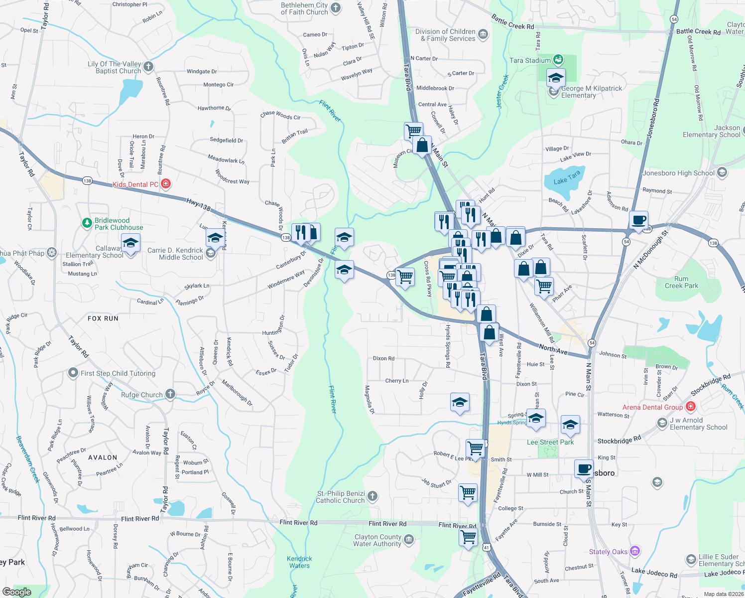 map of restaurants, bars, coffee shops, grocery stores, and more near 8073 Crown Way in Jonesboro