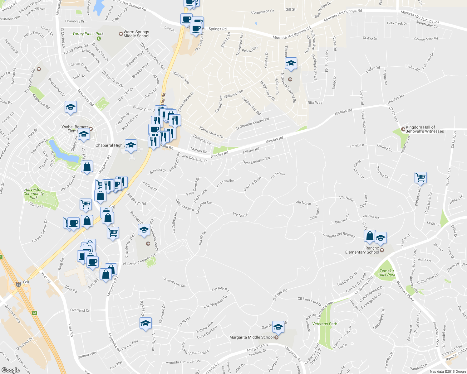 map of restaurants, bars, coffee shops, grocery stores, and more near 30130 Vía De La Mesa in Temecula