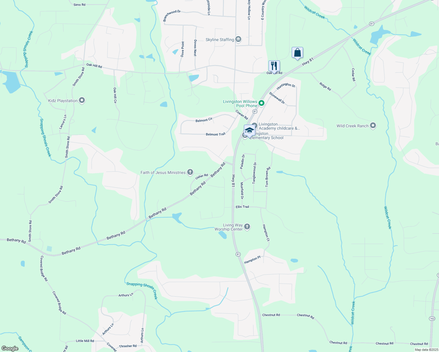 map of restaurants, bars, coffee shops, grocery stores, and more near 15 Glen Echo Drive in Covington