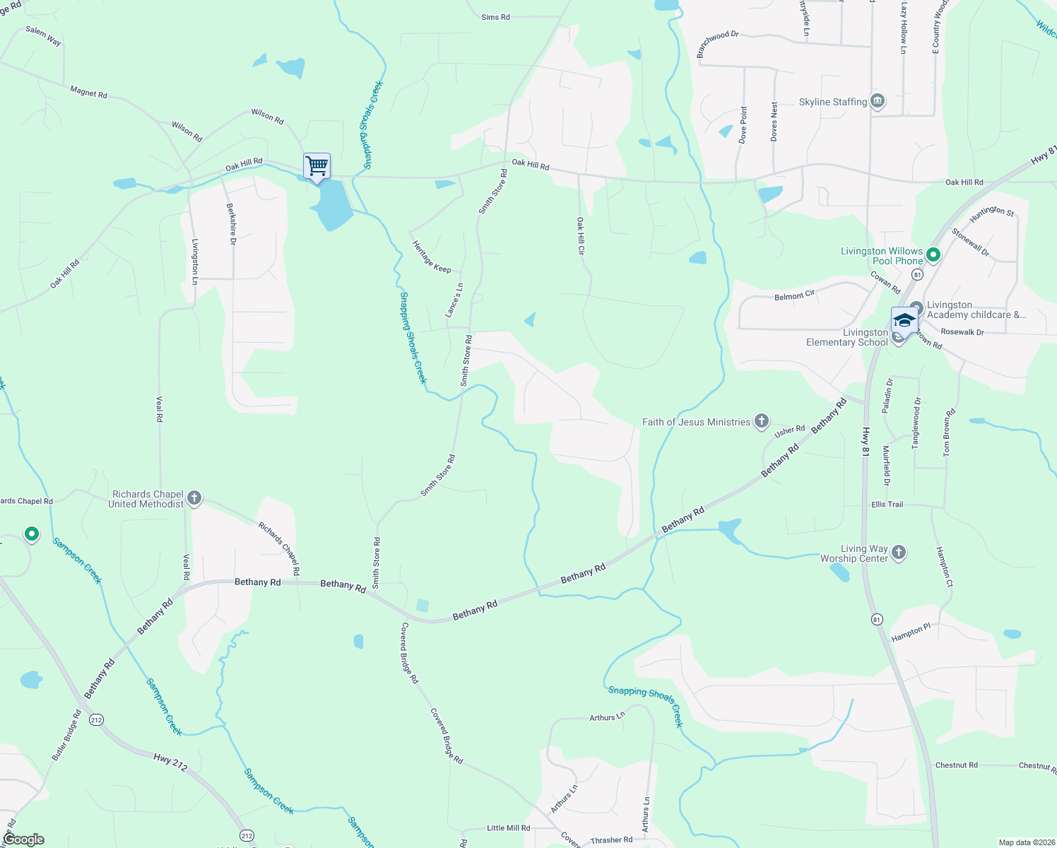 map of restaurants, bars, coffee shops, grocery stores, and more near 80 Crooked Creek Ct in Covington