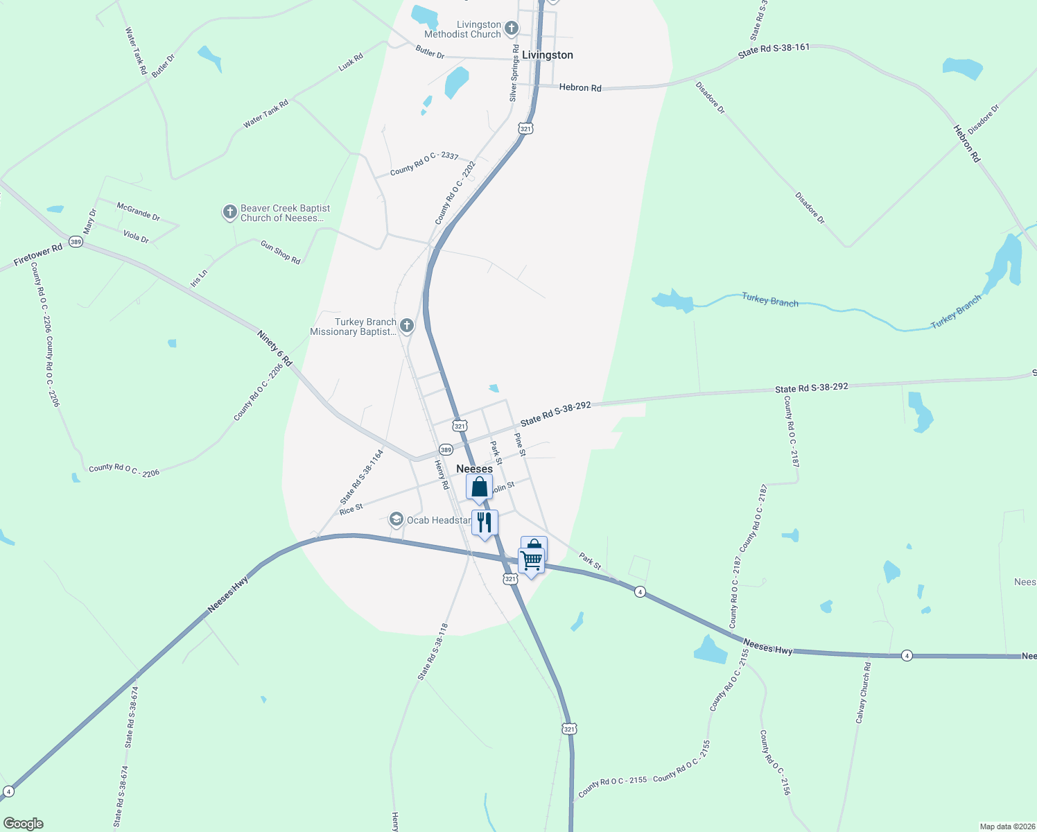 map of restaurants, bars, coffee shops, grocery stores, and more near 4507 Ninety 6 Road in Neeses