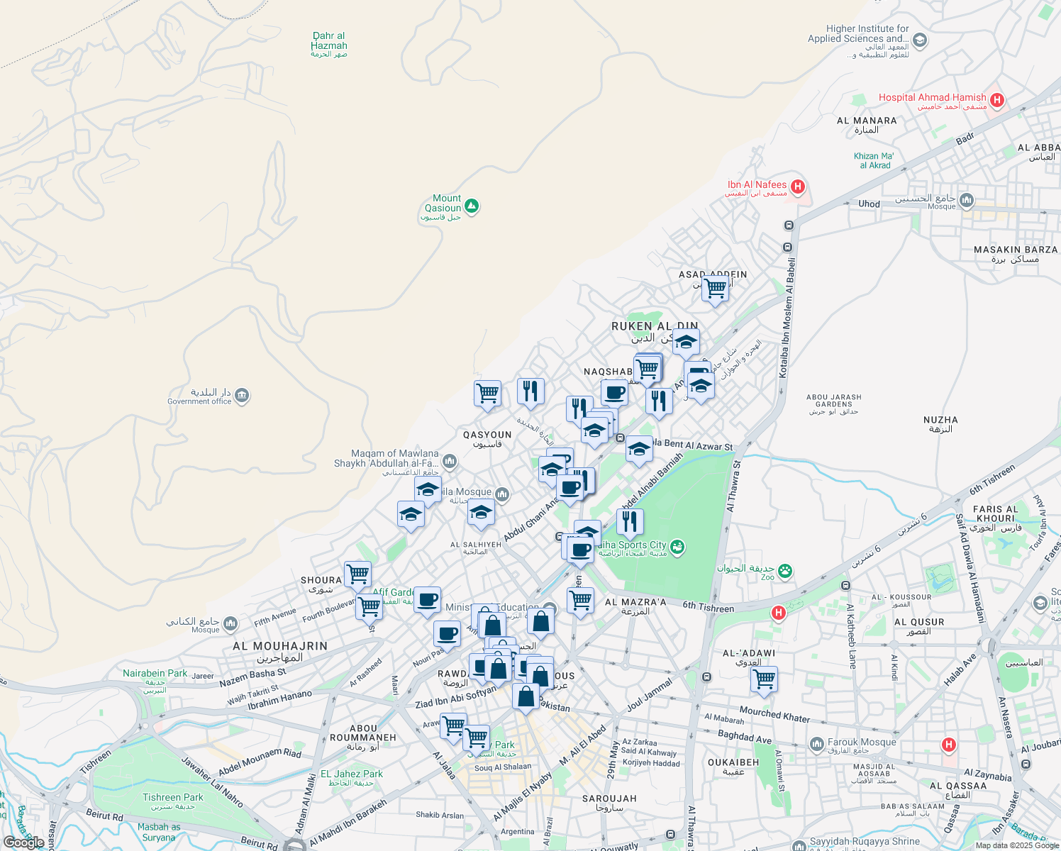map of restaurants, bars, coffee shops, grocery stores, and more near الحارة الجديدة in Damascus