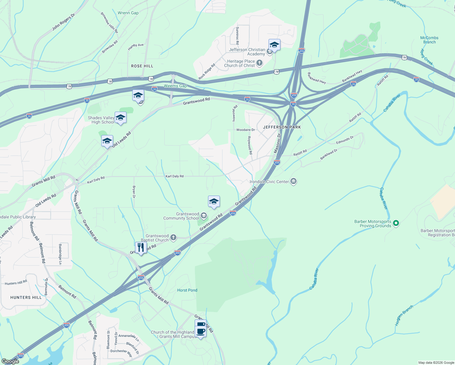map of restaurants, bars, coffee shops, grocery stores, and more near 3251 Yellowhammer Drive in Birmingham