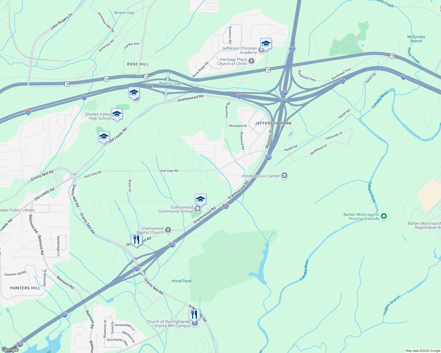 map of restaurants, bars, coffee shops, grocery stores, and more near 3251 Yellowhammer Drive in Birmingham