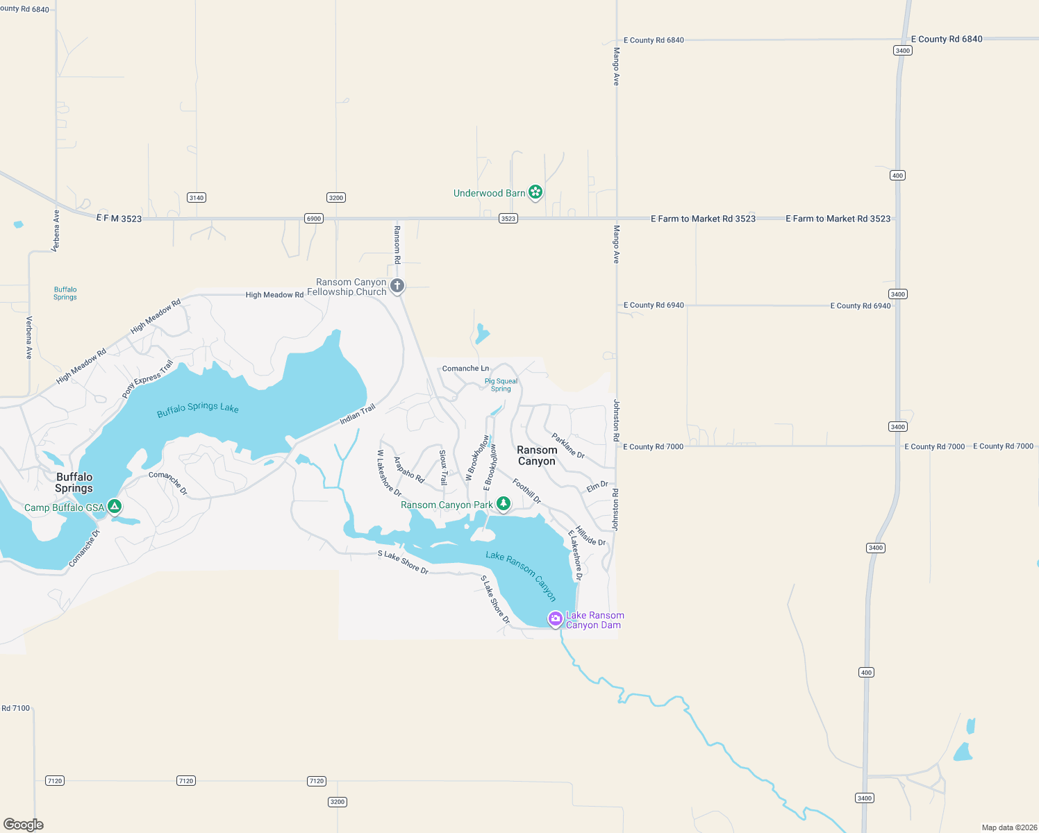 map of restaurants, bars, coffee shops, grocery stores, and more near 24 East Canyon View Drive in Ransom Canyon