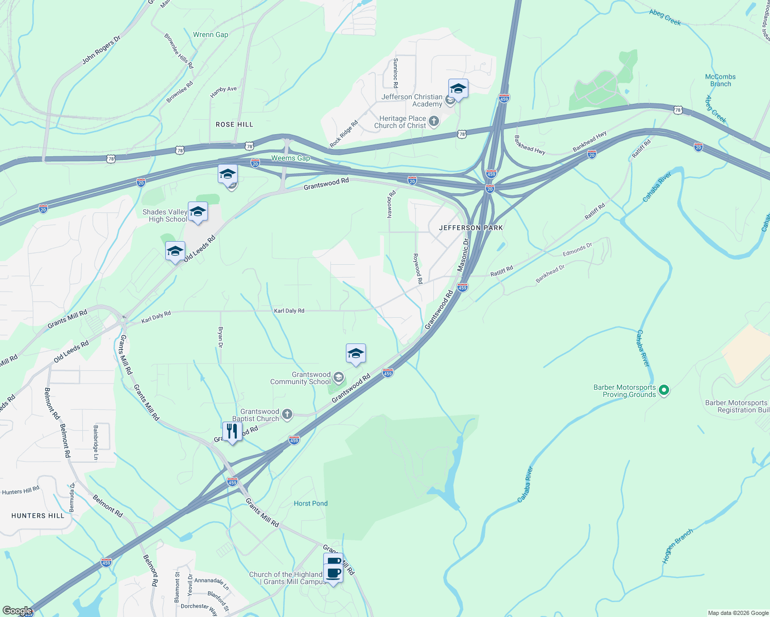 map of restaurants, bars, coffee shops, grocery stores, and more near 3251 Yellowhammer Drive in Birmingham