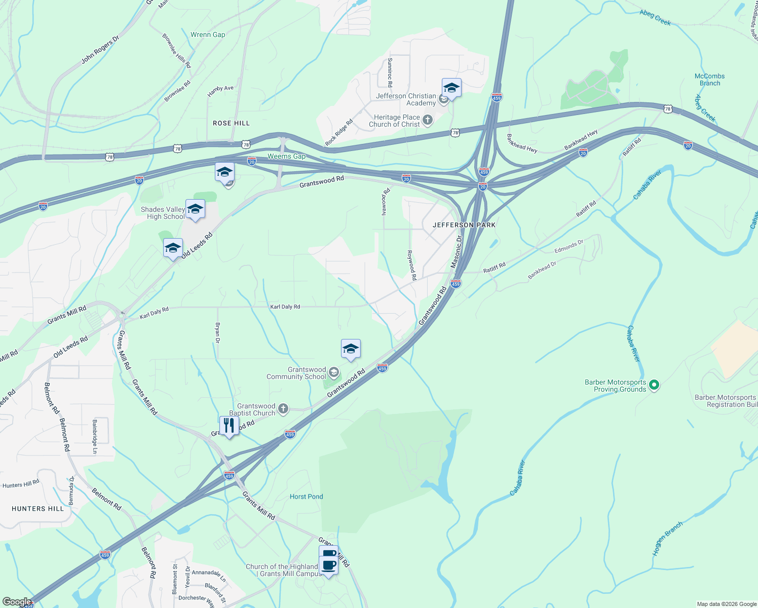 map of restaurants, bars, coffee shops, grocery stores, and more near 3251 Yellowhammer Drive in Birmingham