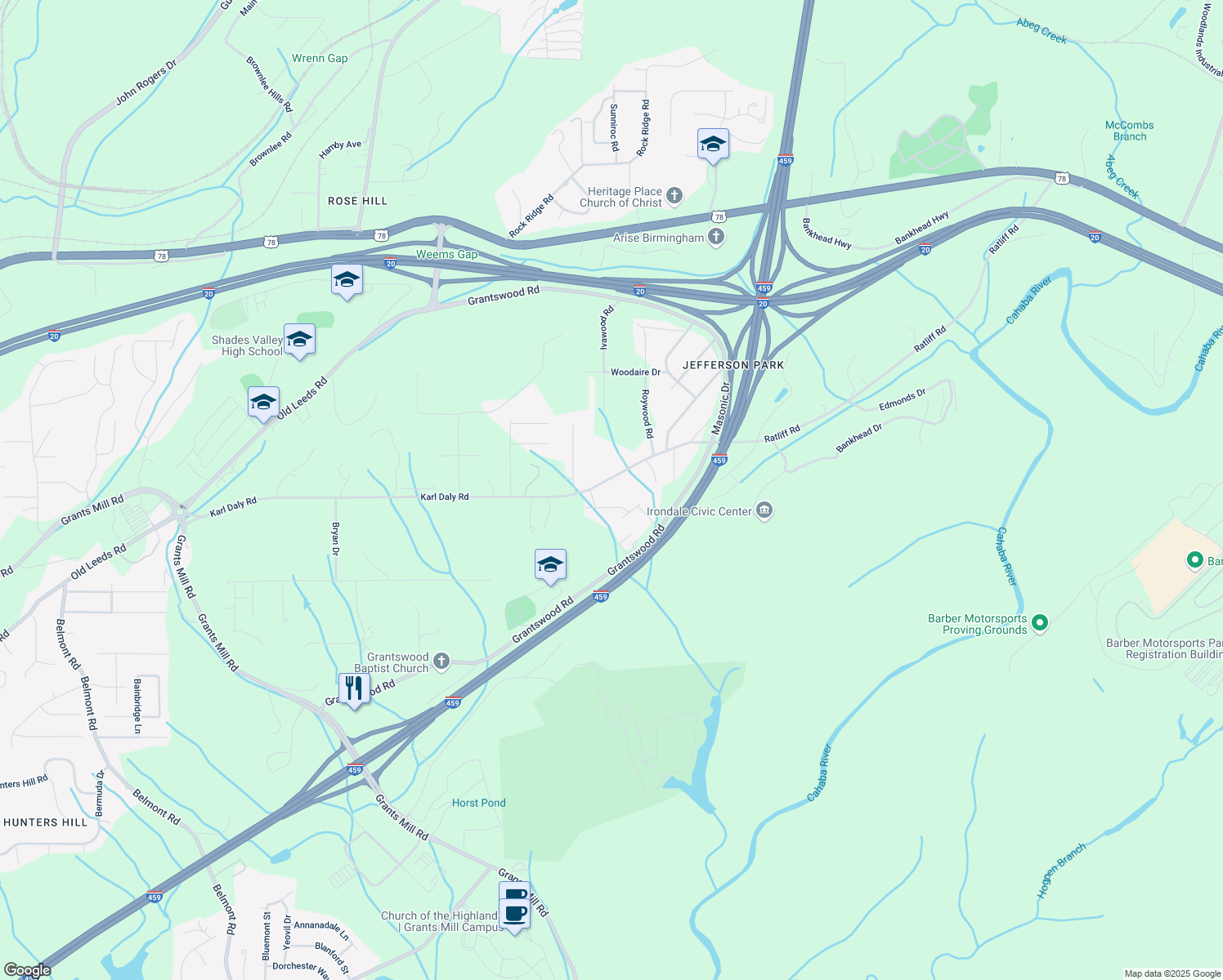 map of restaurants, bars, coffee shops, grocery stores, and more near 3241 Karl Daly Road in Birmingham