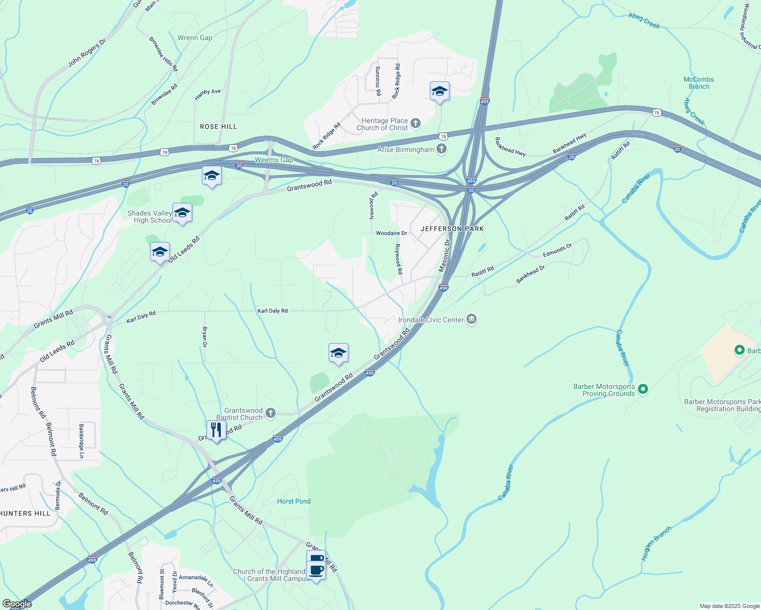 map of restaurants, bars, coffee shops, grocery stores, and more near 3241 Karl Daly Road in Birmingham