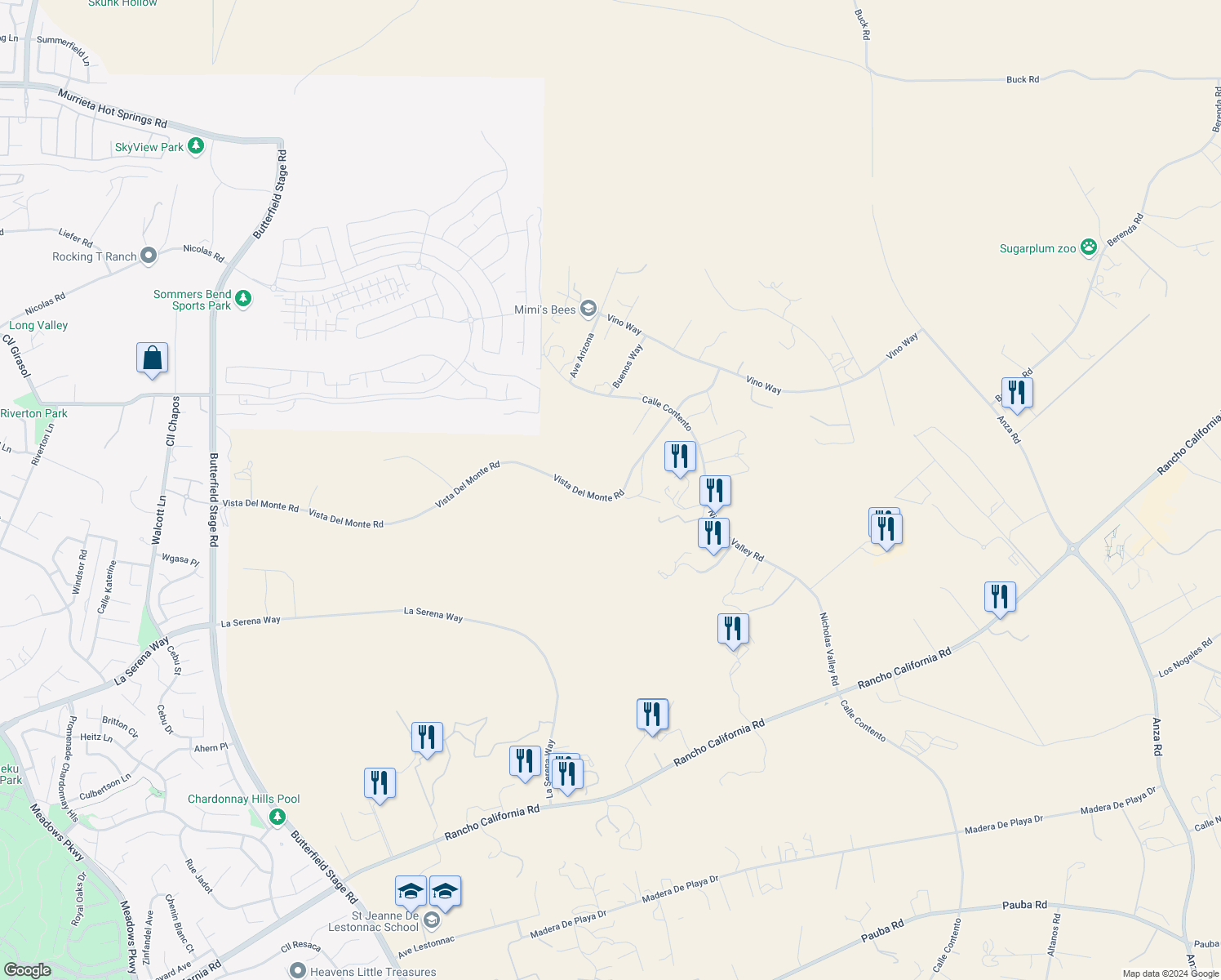 map of restaurants, bars, coffee shops, grocery stores, and more near Vista Del Monte Road in Temecula