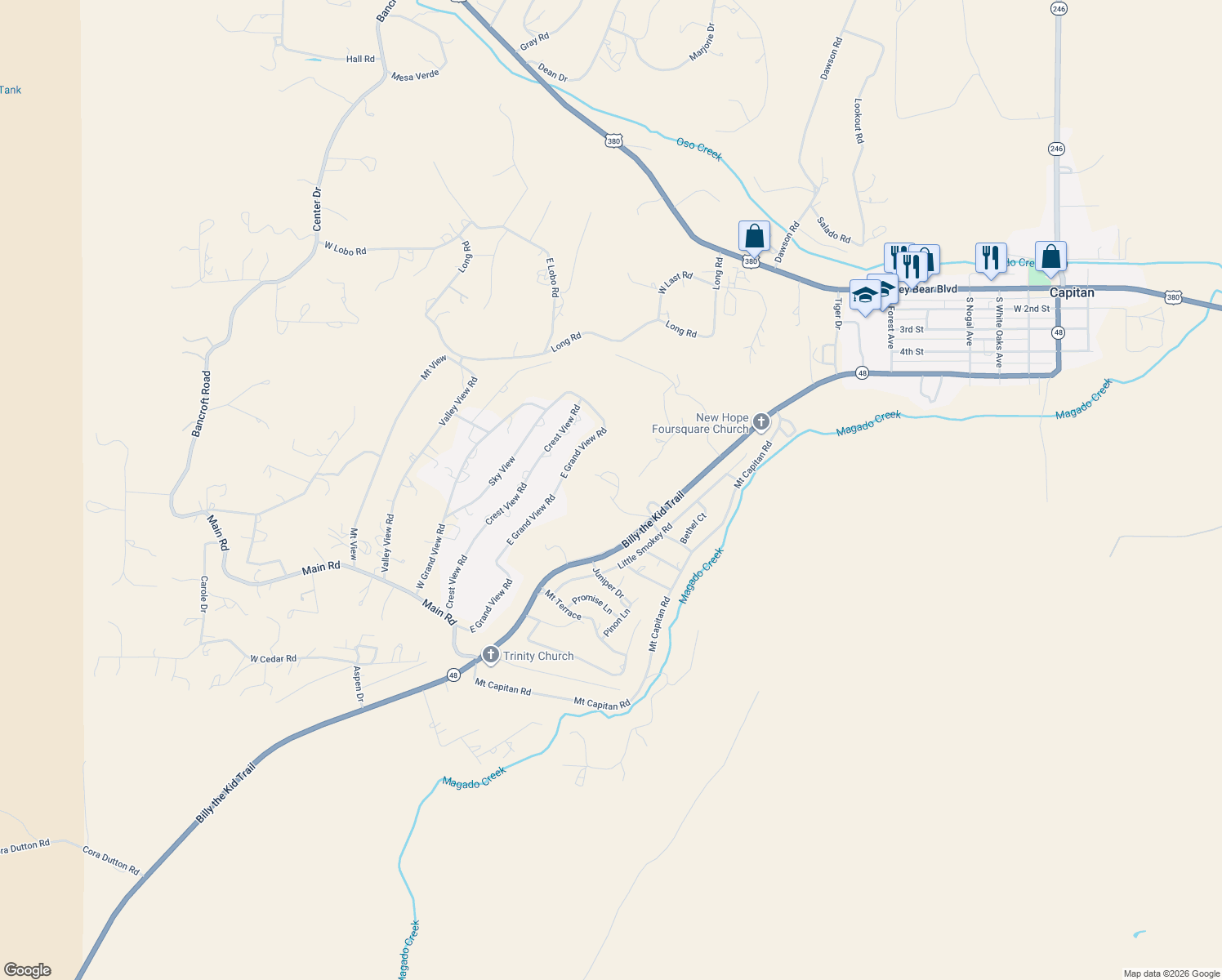 map of restaurants, bars, coffee shops, grocery stores, and more near 2067 County Road 48 in Capitan