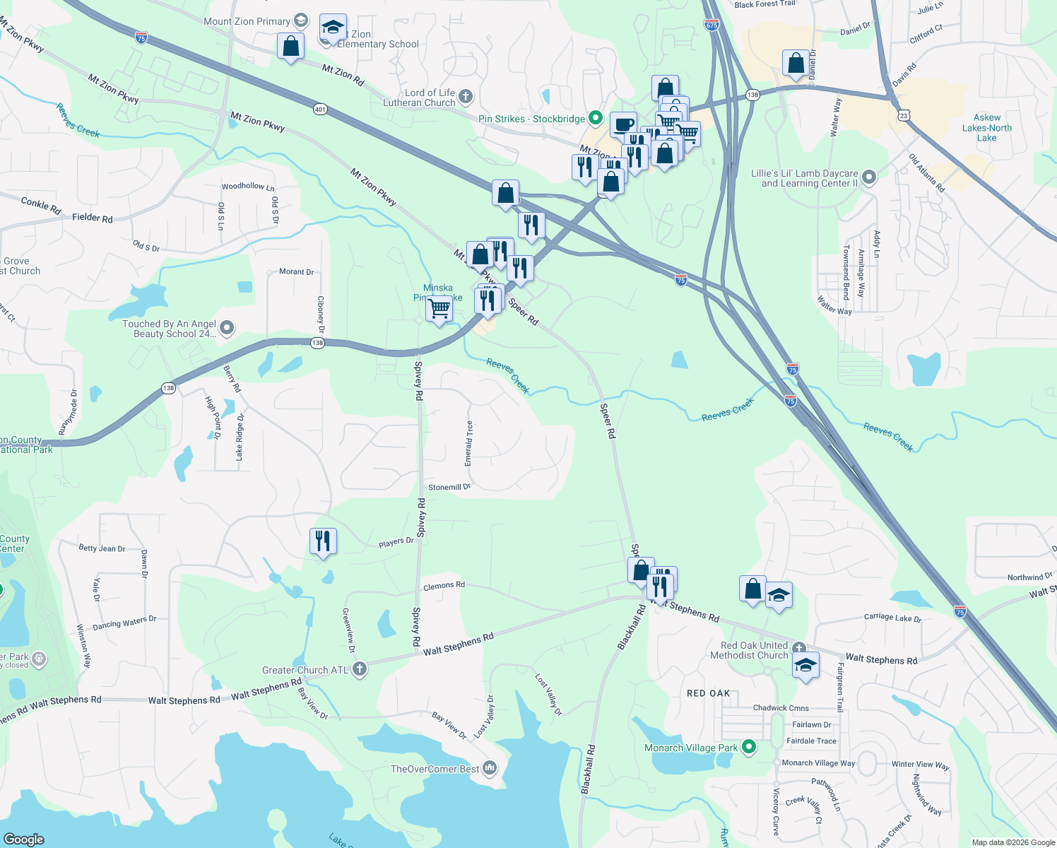 map of restaurants, bars, coffee shops, grocery stores, and more near 562 Creekstone Drive in Jonesboro