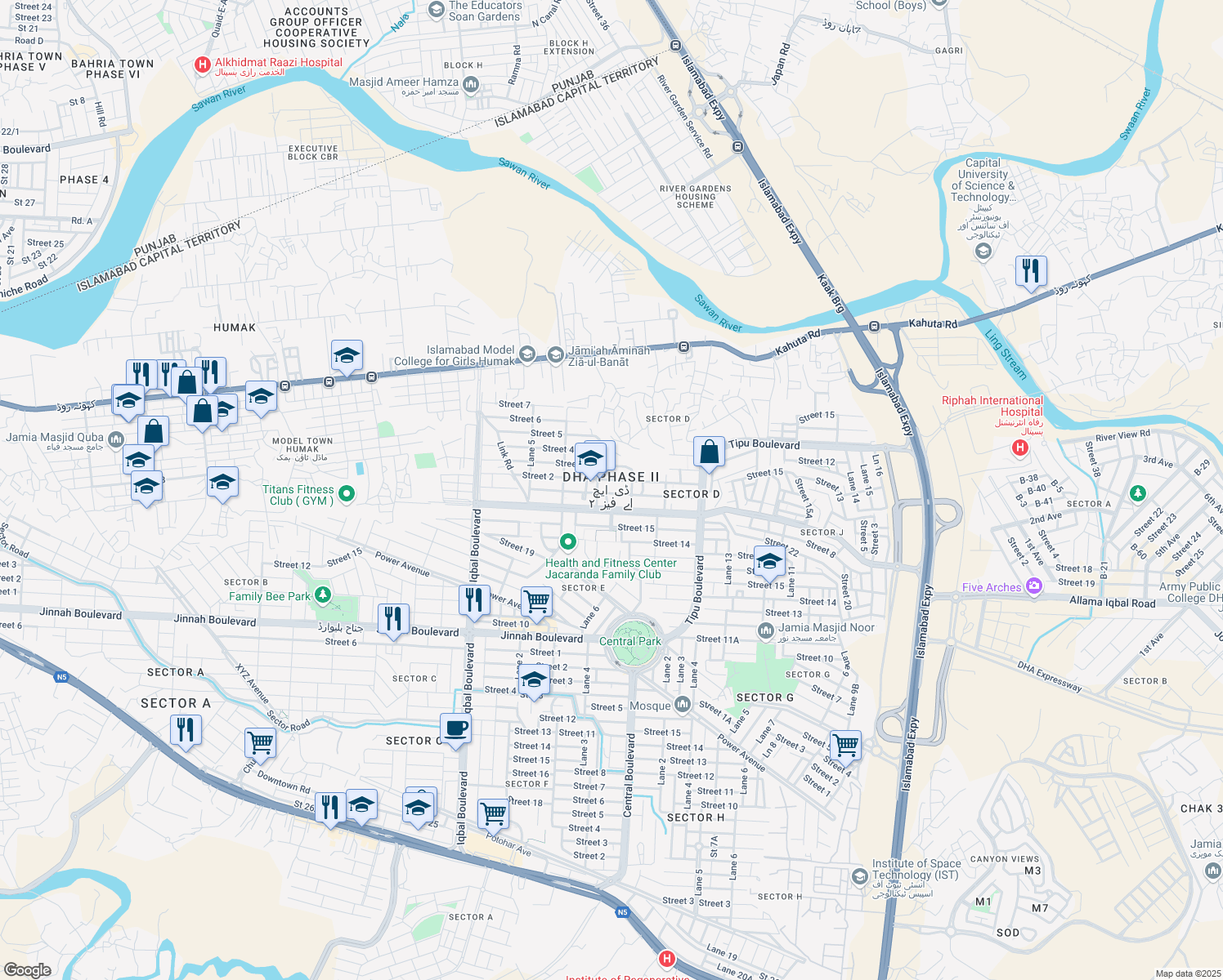 map of restaurants, bars, coffee shops, grocery stores, and more near in Islamabad